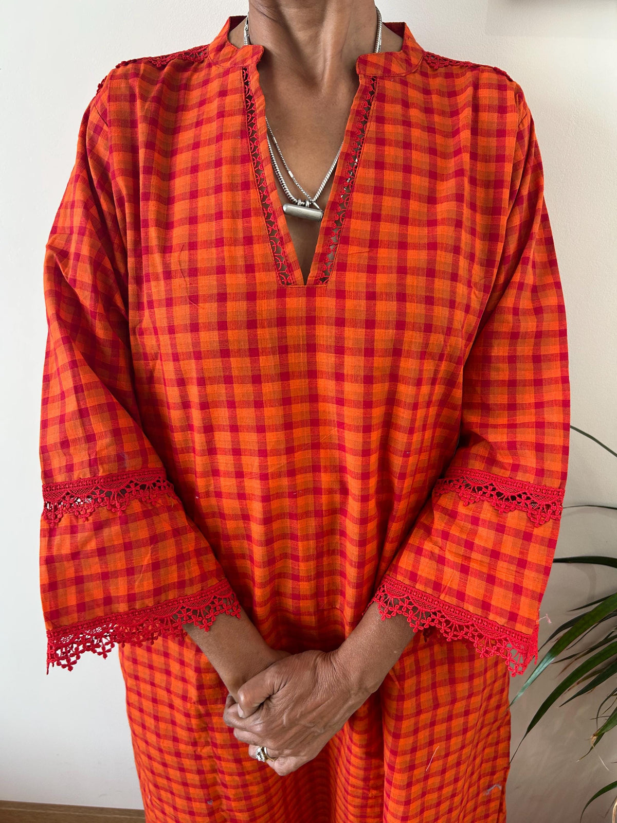 Handwoven checks  Chinese collar cotton kaftan,caftan, resort wear,loungewear,gifts for her,boho dress,a line dress,block print dress