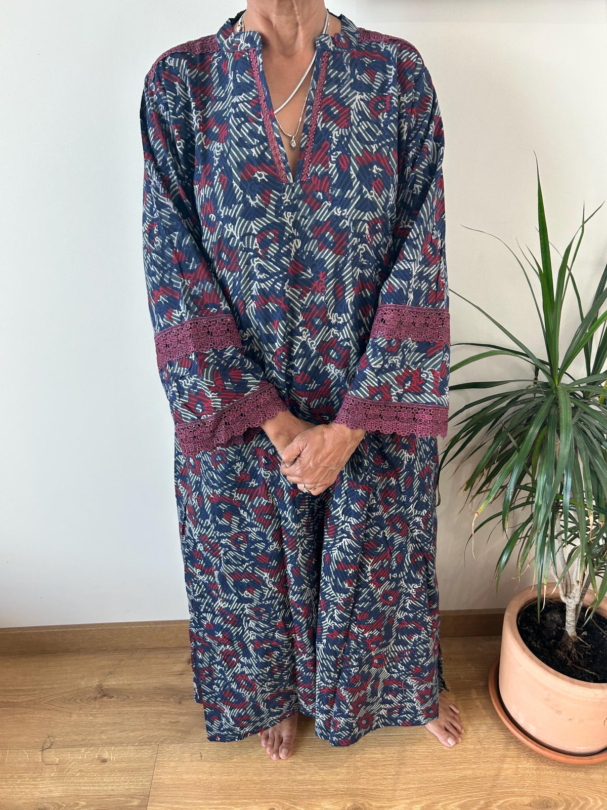 Indigo organic Chinese collar cotton kaftan,caftan, resort wear,loungewear,gifts for her,boho dress,a line dress,block print dress