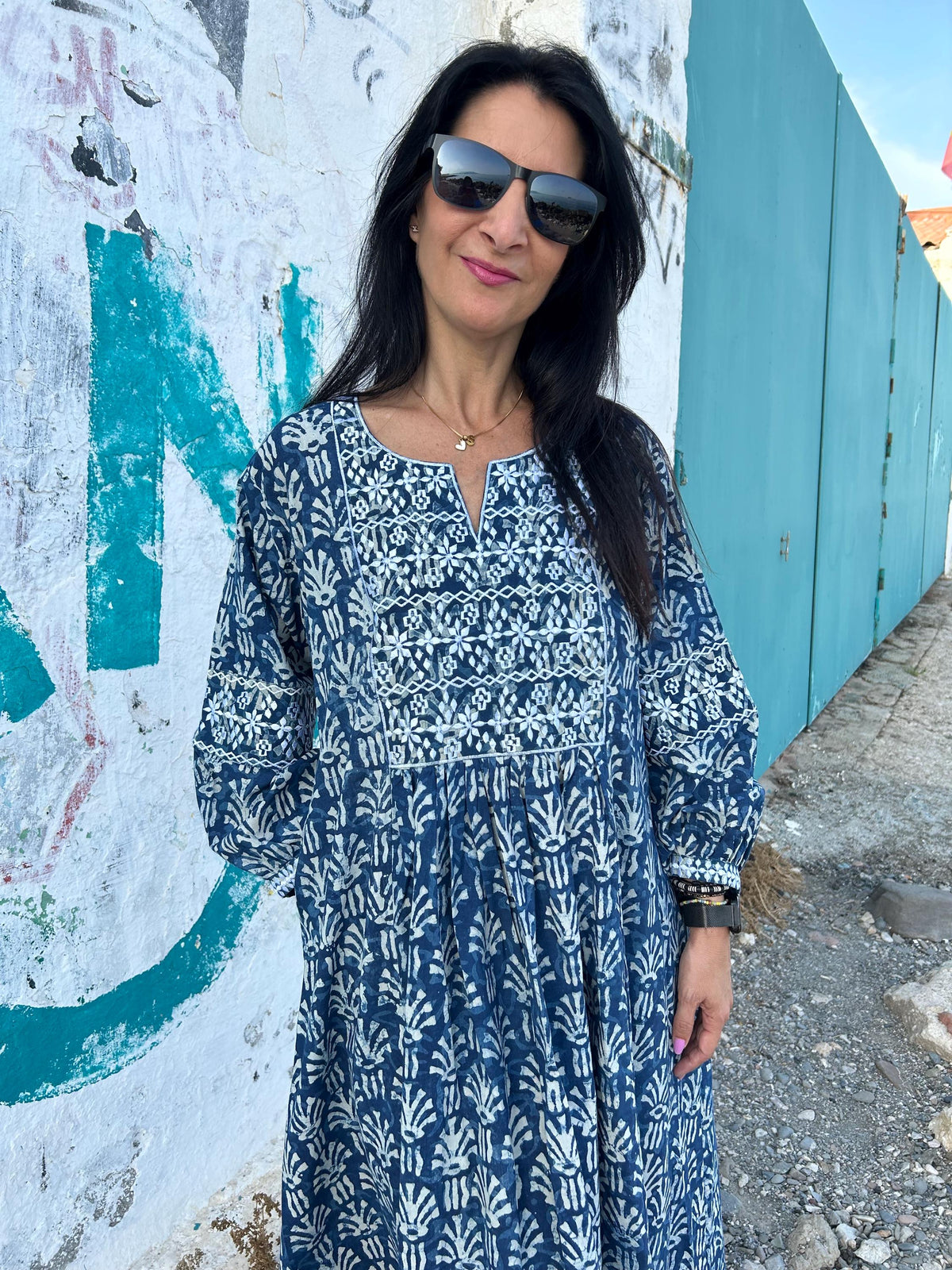Indigo Embroidered cotton kaftan,caftan, resort wear,loungewear,gifts for her,boho dress,a line dress,block print dress,Resort wear,organic