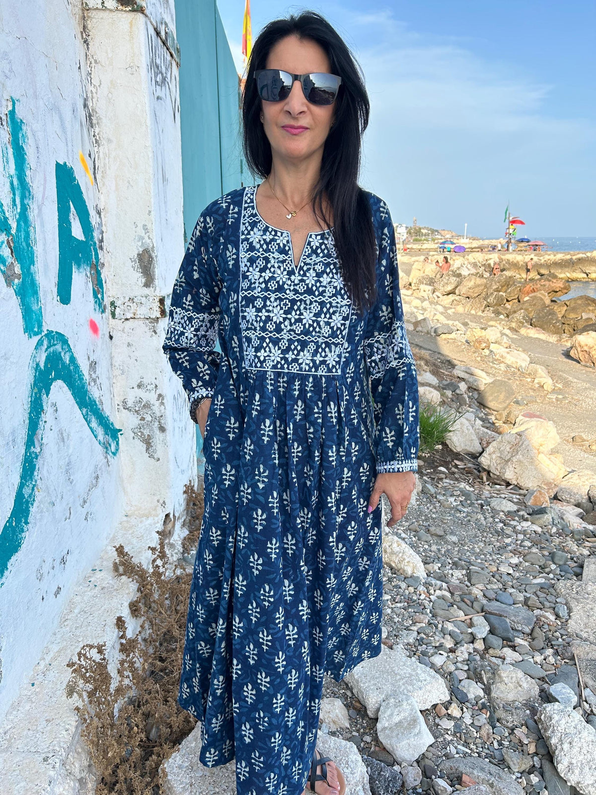 Indigo organic Embroidered cotton kaftan,caftan, resort wear,loungewear,gifts for her,boho dress,a line dress,block print dress,Resort wear