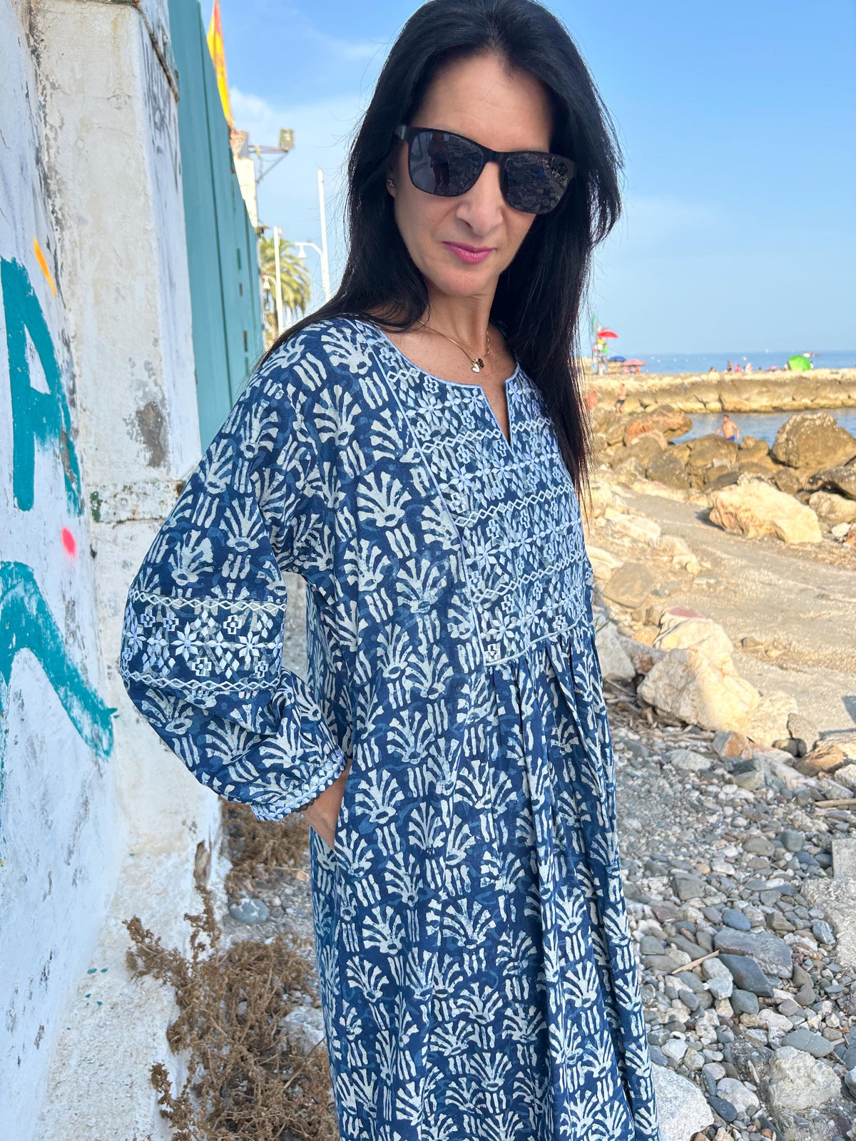 Indigo Embroidered cotton kaftan,caftan, resort wear,loungewear,gifts for her,boho dress,a line dress,block print dress,Resort wear,organic