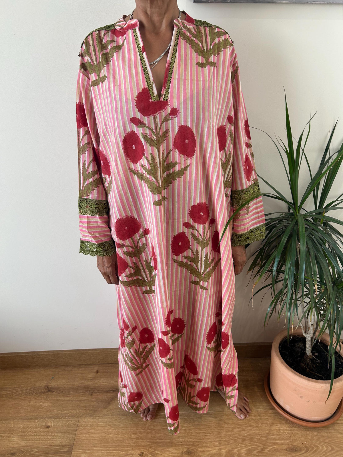 Pink floral striped Chinese collar cotton kaftan,caftan, resort wear,loungewear,gifts for her,boho dress,a line dress,block print dress