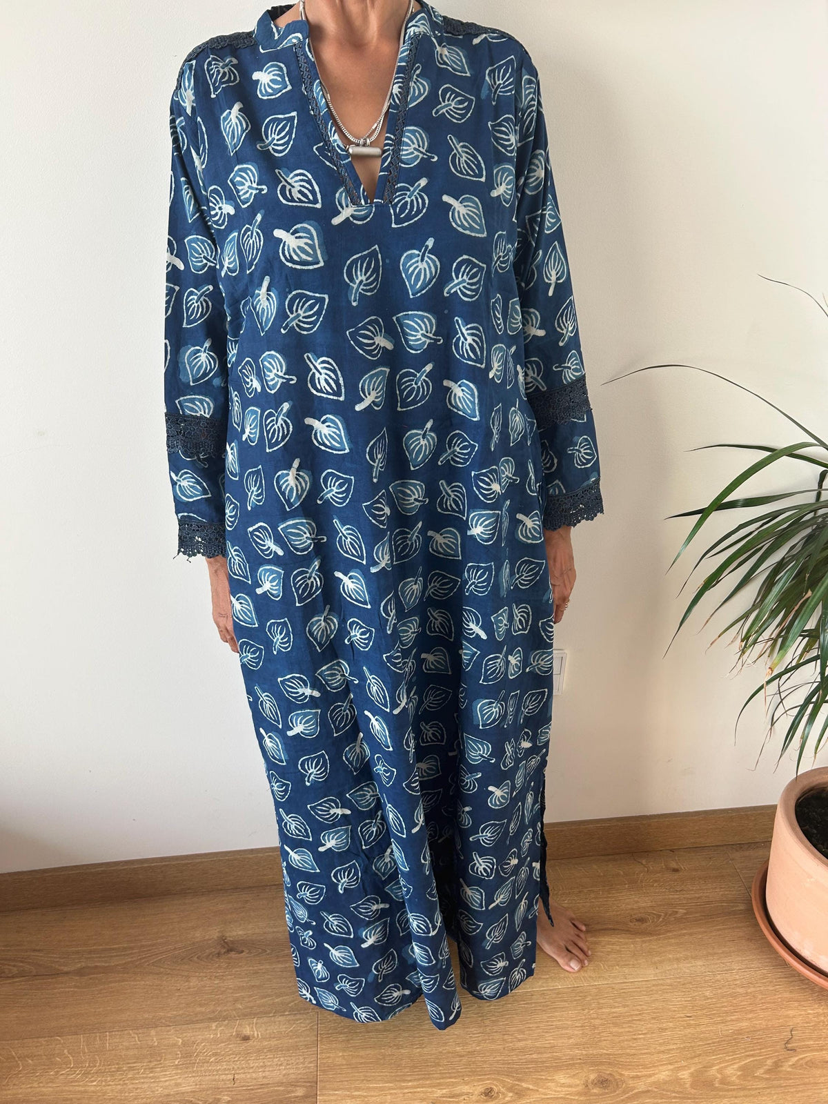 Indigo organic Chinese collar cotton kaftan,caftan, resort wear,loungewear,gifts for her,boho dress,a line dress,block print dress