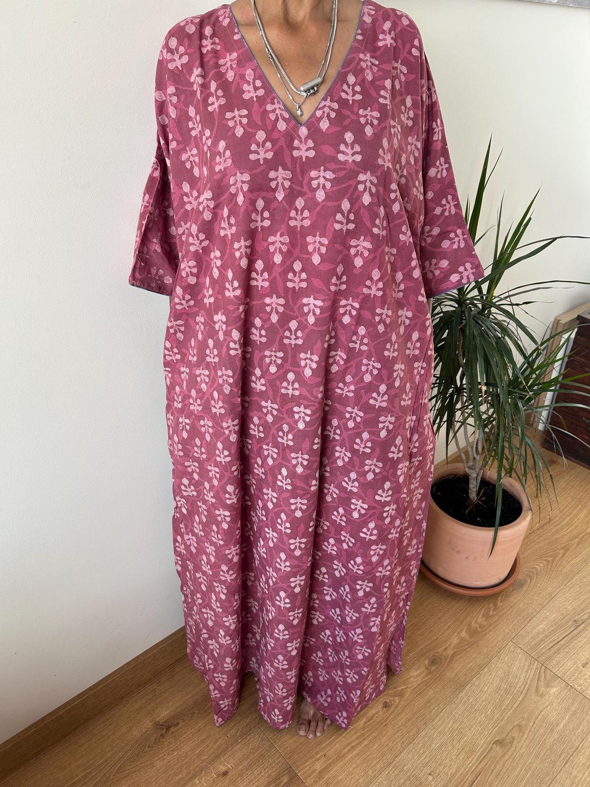 Pink cotton kaftan,caftan, resort wear,loungewear,gifts for her,boho dress,a line dress,block print dress