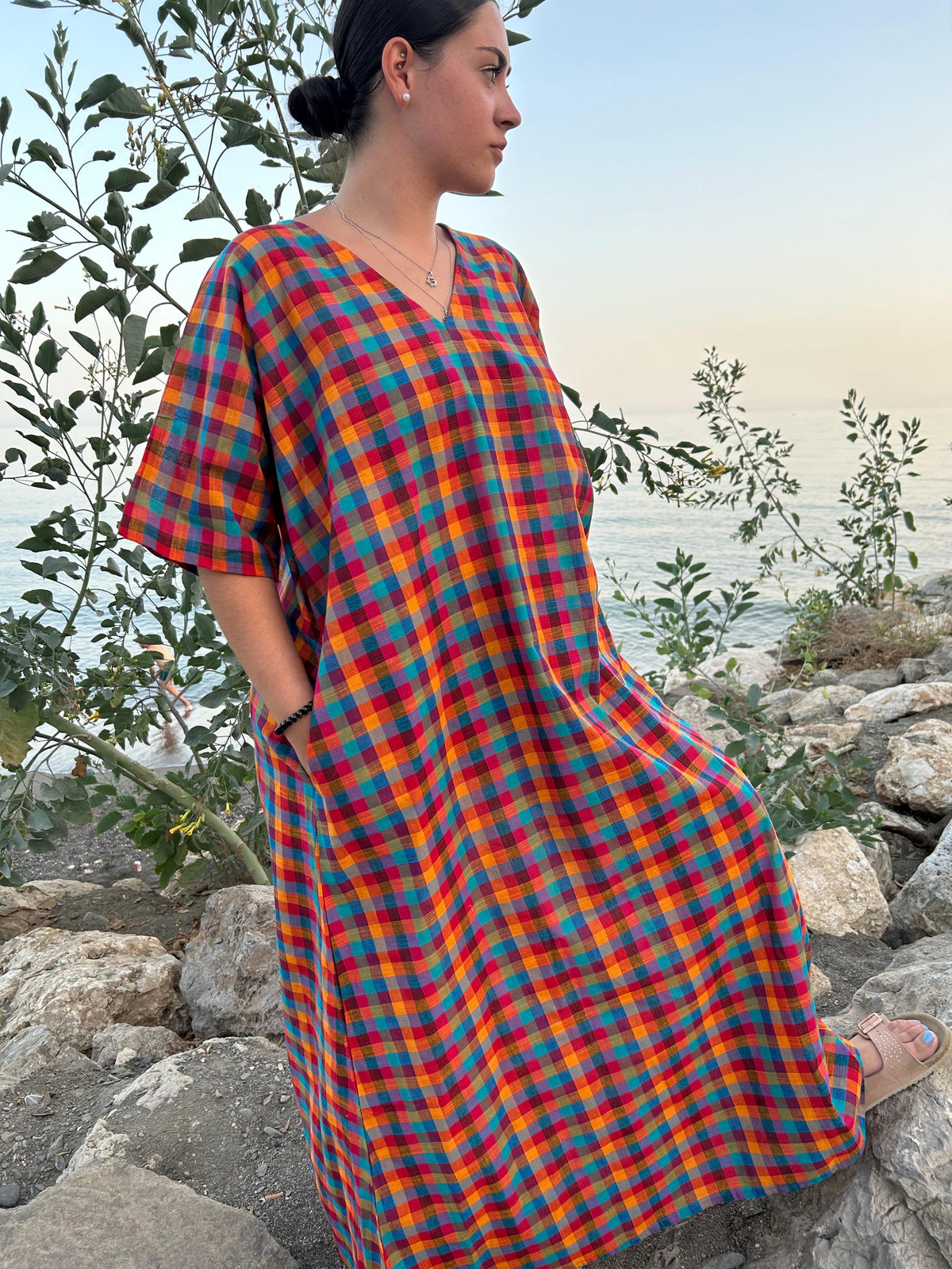 Multi checks woven kaftan,A line kaftan,Gifts for her,Resort wear,Loungewear,Cotton sleepwear,swim cover up,Maxi dress,