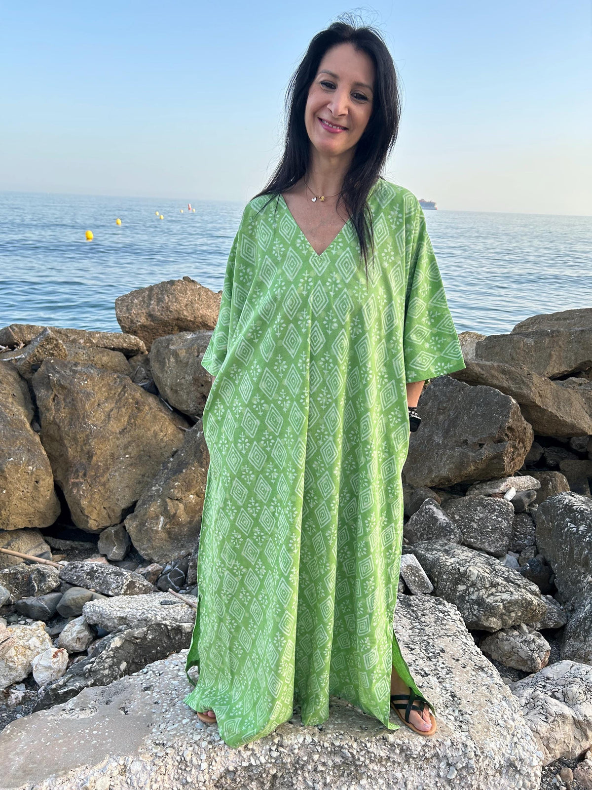 Green cotton kaftan,caftan, resort wear,loungewear,gifts for her,boho dress,a line dress,block print dress