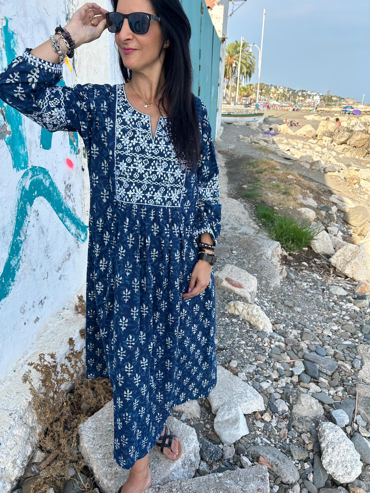 Indigo organic Embroidered cotton kaftan,caftan, resort wear,loungewear,gifts for her,boho dress,a line dress,block print dress,Resort wear