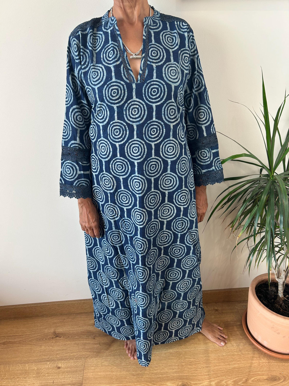 Indigo organic Chinese collar cotton kaftan,caftan, resort wear,loungewear,gifts for her,boho dress,a line dress,block print dress