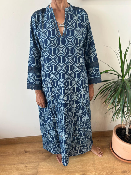 Indigo organic Chinese collar cotton kaftan,caftan, resort wear,loungewear,gifts for her,boho dress,a line dress,block print dress