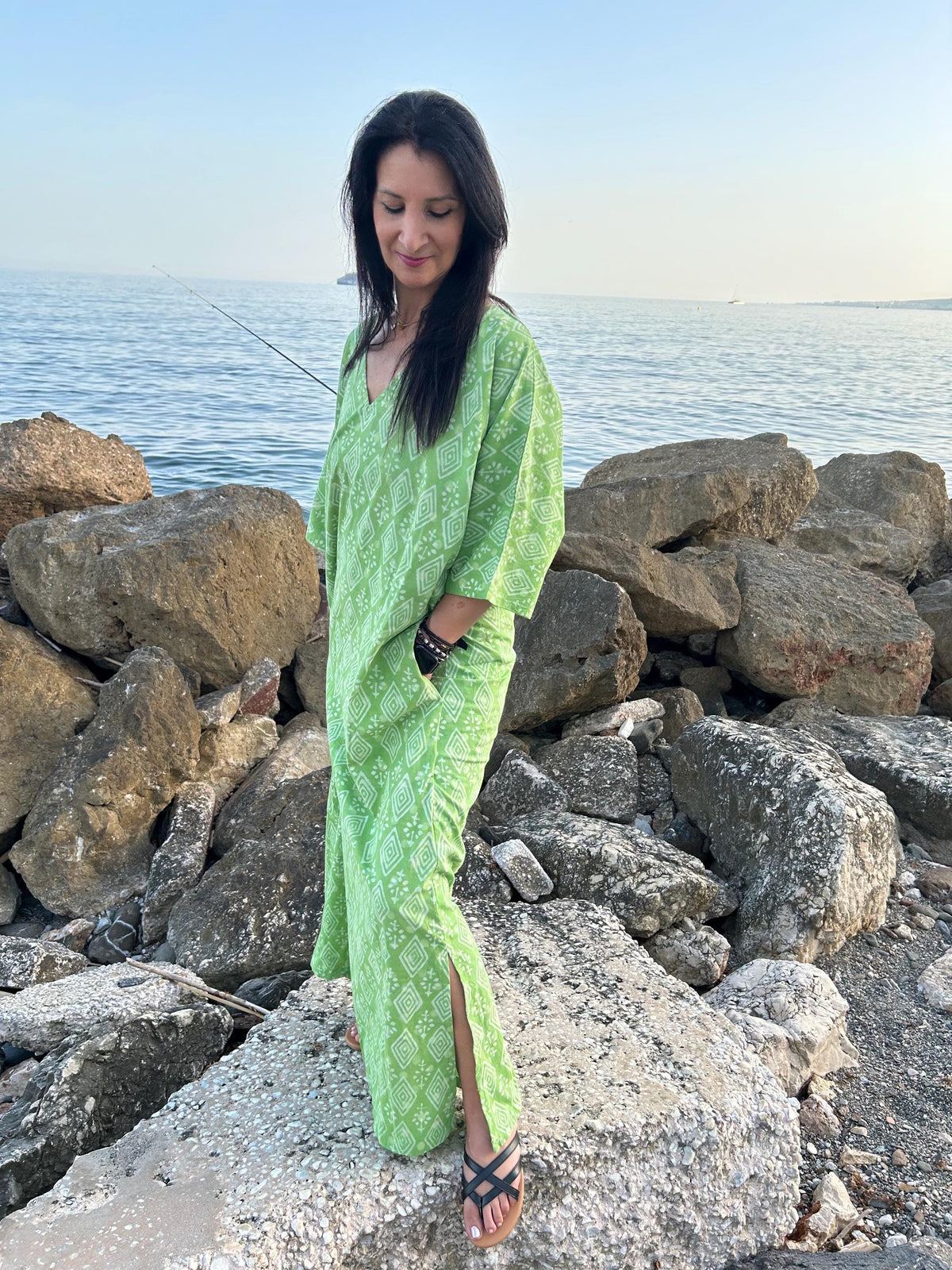Green cotton kaftan,caftan, resort wear,loungewear,gifts for her,boho dress,a line dress,block print dress
