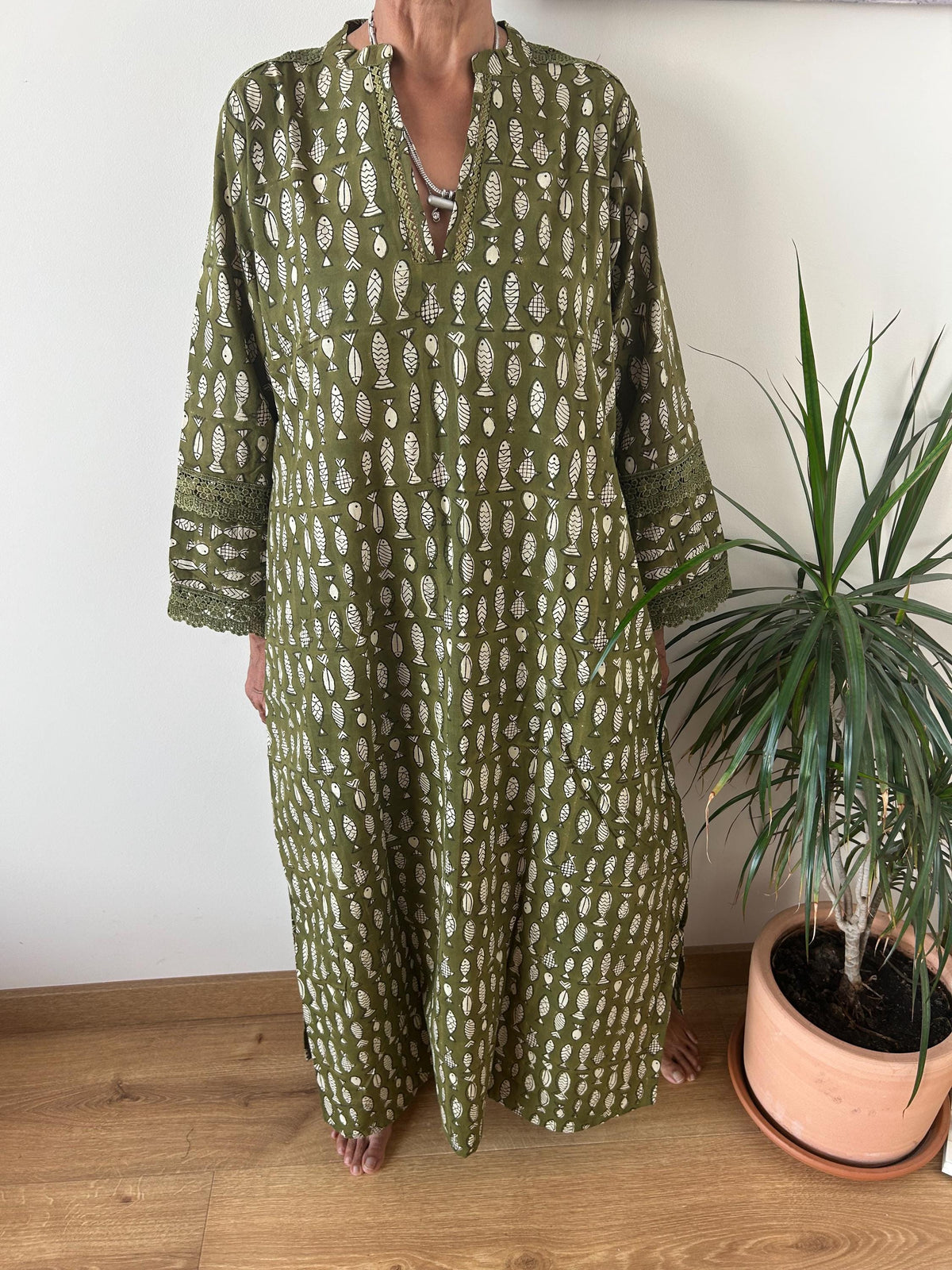 Green fish Chinese collar cotton kaftan,caftan, resort wear,loungewear,gifts for her,boho dress,a line dress,block print dress