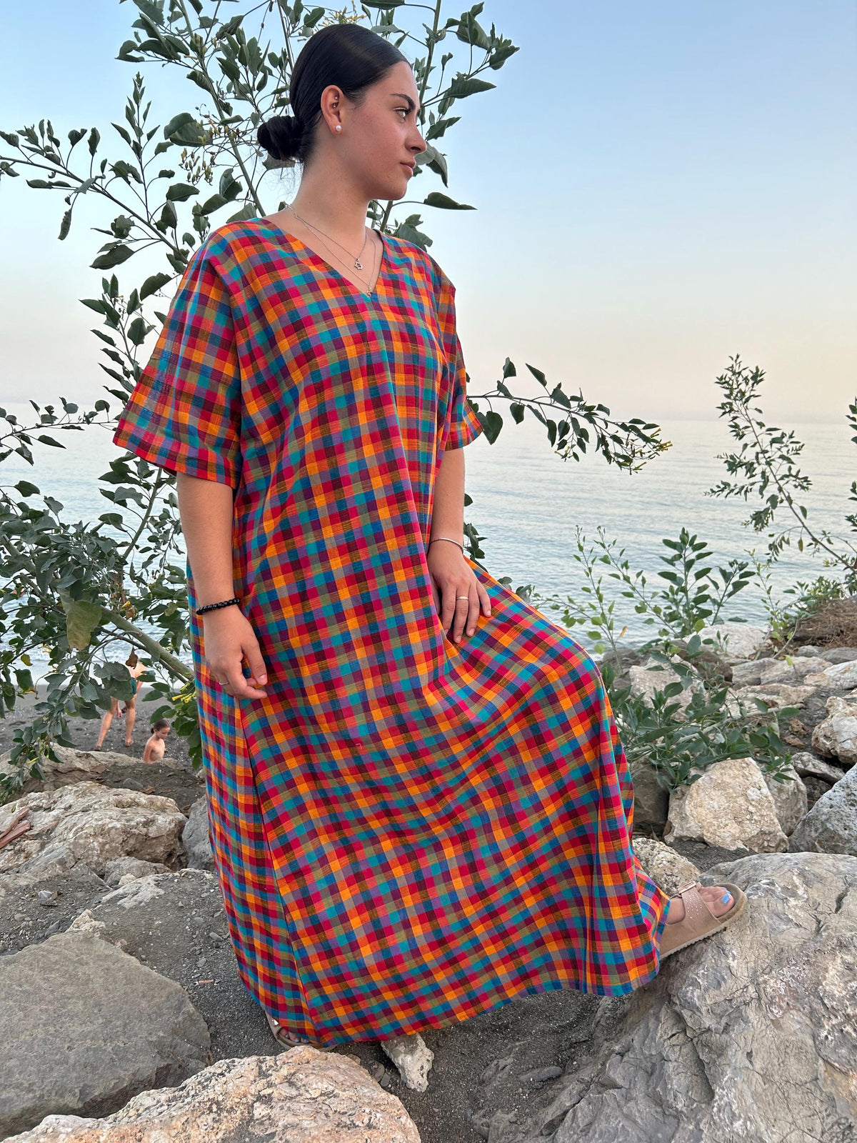Multi checks woven kaftan,A line kaftan,Gifts for her,Resort wear,Loungewear,Cotton sleepwear,swim cover up,Maxi dress,