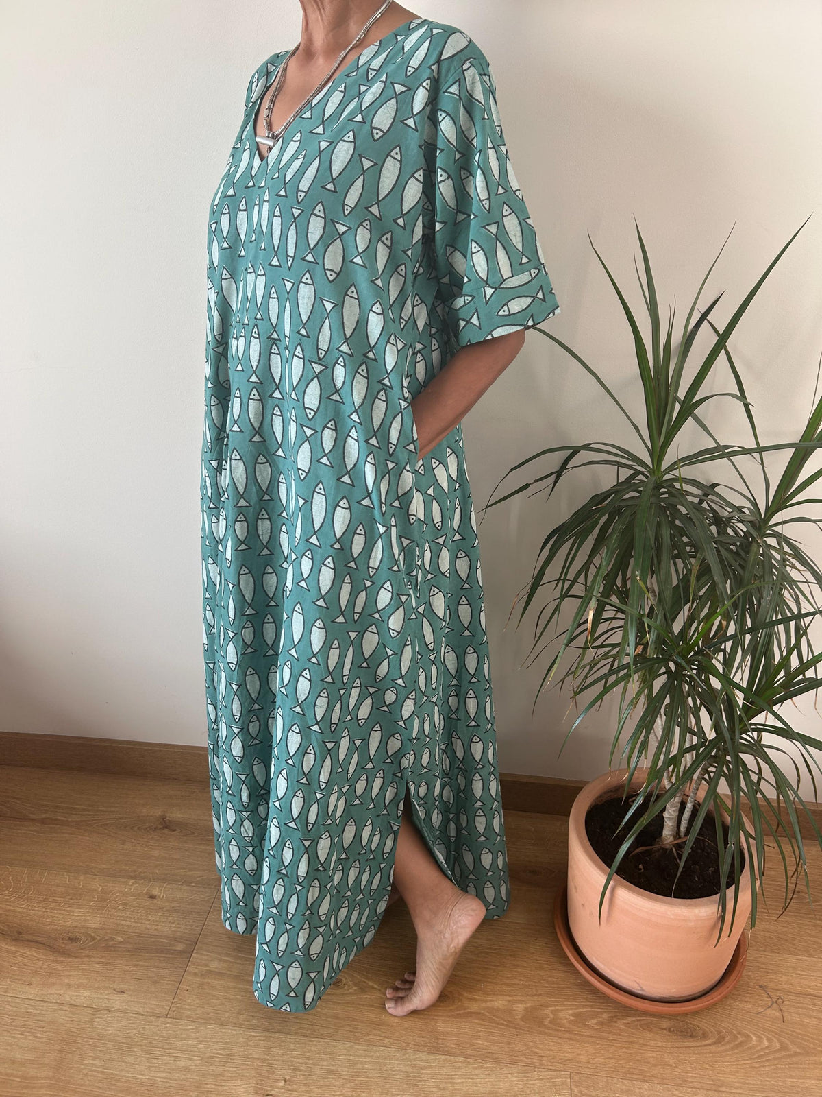 Fish cotton kaftan,caftan, resort wear,loungewear,gifts for her,boho dress,a line dress,block print dress