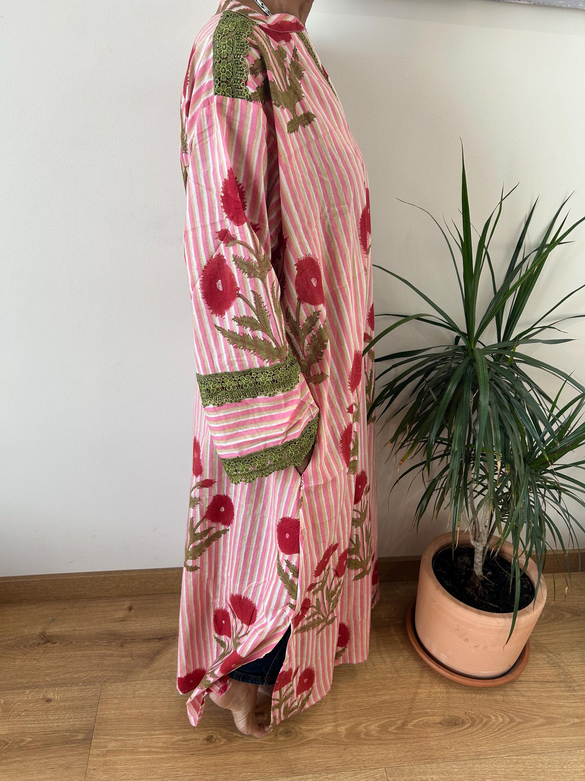 Pink floral striped Chinese collar cotton kaftan,caftan, resort wear,loungewear,gifts for her,boho dress,a line dress,block print dress
