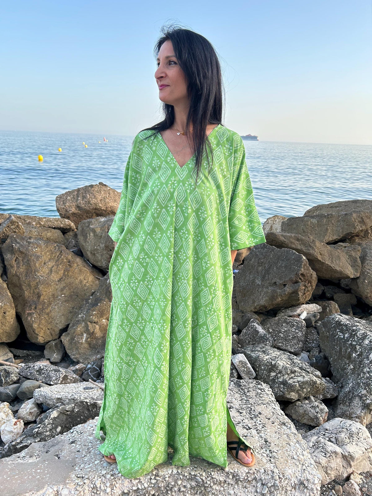 Green cotton kaftan,caftan, resort wear,loungewear,gifts for her,boho dress,a line dress,block print dress