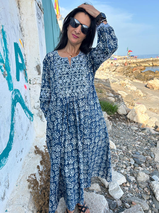 Indigo Embroidered cotton kaftan,caftan, resort wear,loungewear,gifts for her,boho dress,a line dress,block print dress,Resort wear,organic
