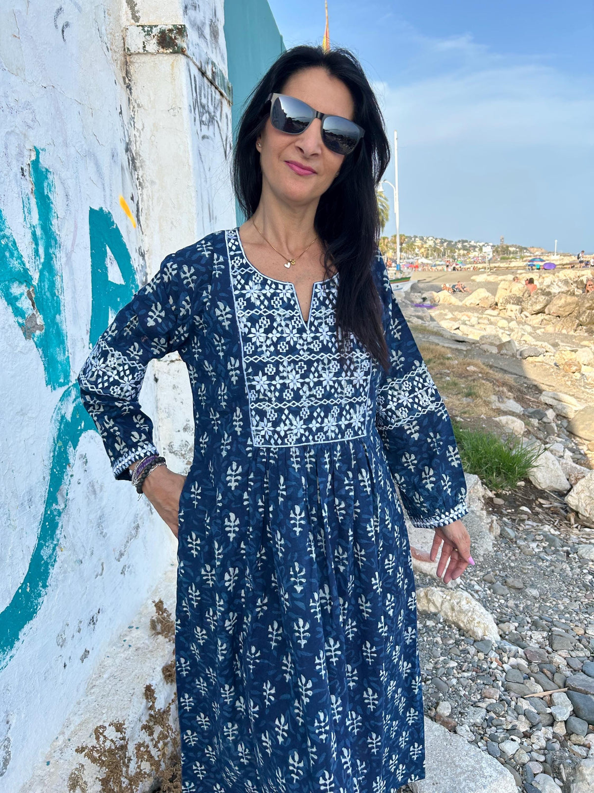 Indigo organic Embroidered cotton kaftan,caftan, resort wear,loungewear,gifts for her,boho dress,a line dress,block print dress,Resort wear