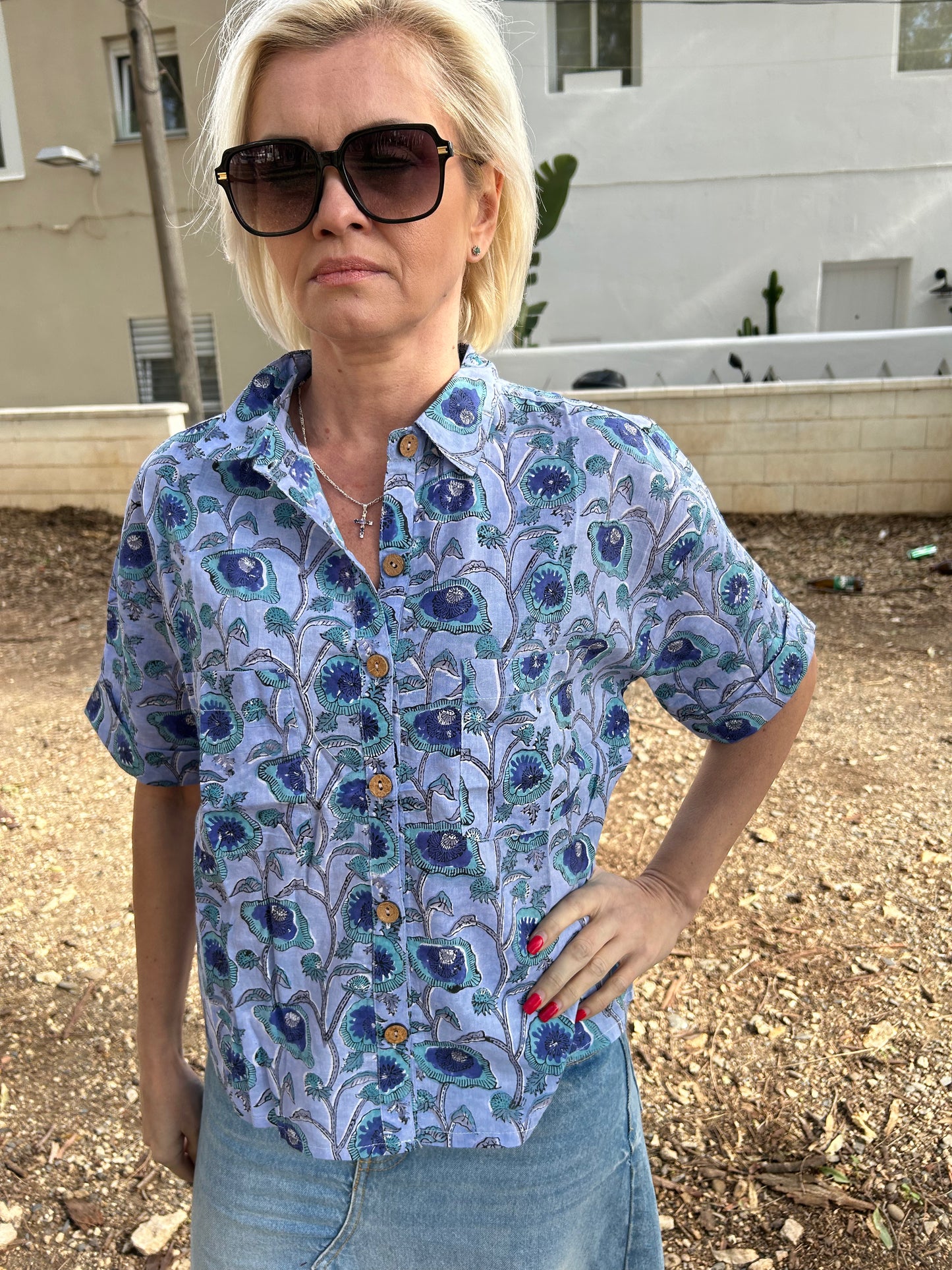 Blue Cotton crop Shirt