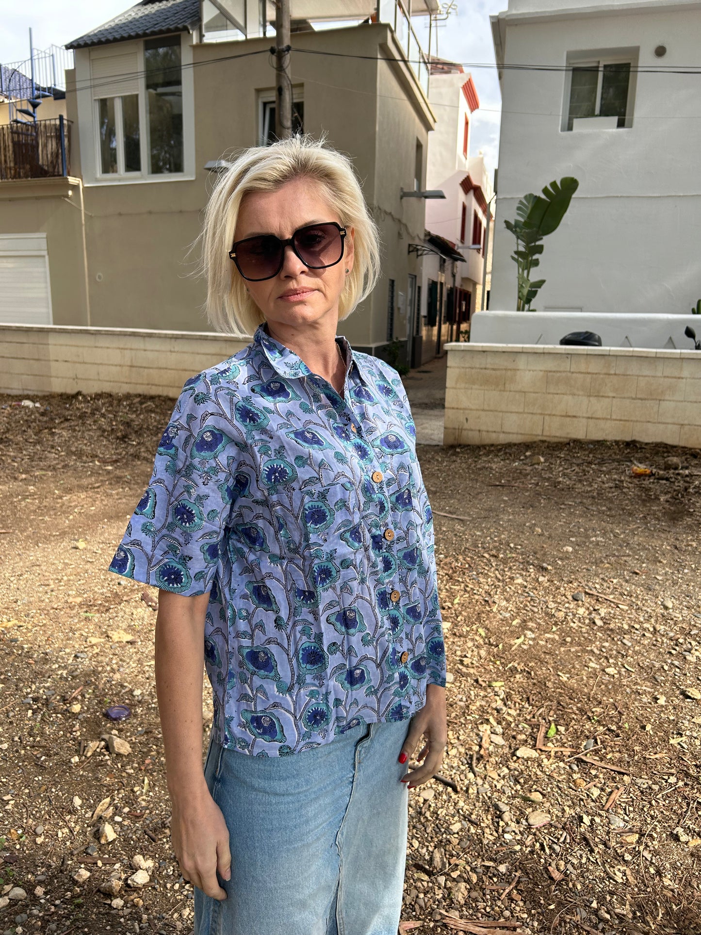 Blue Cotton crop Shirt