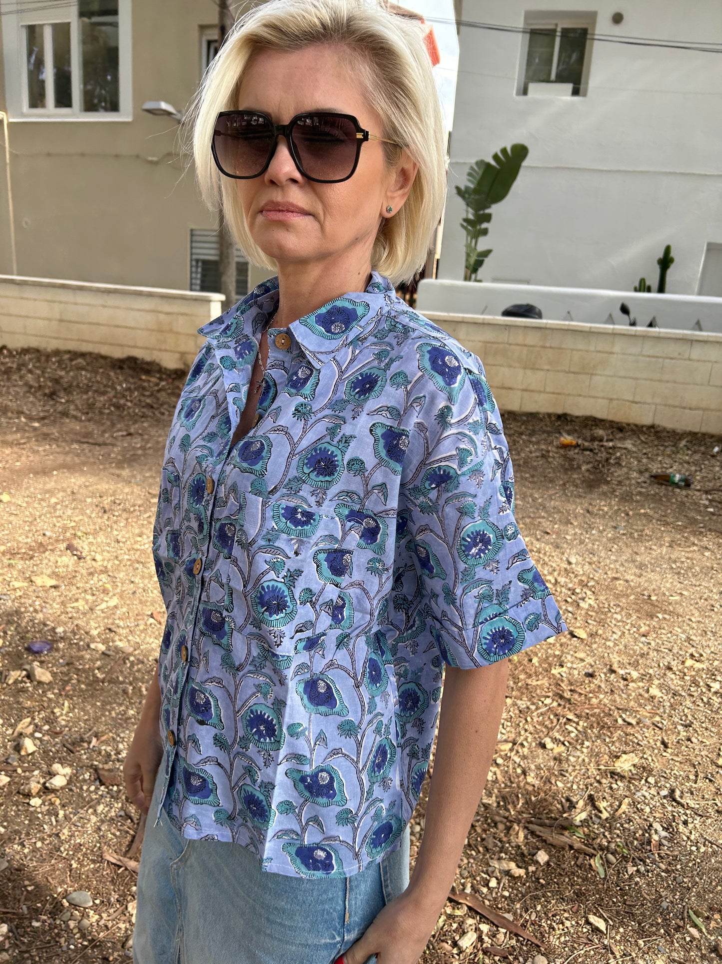 Blue Cotton crop Shirt