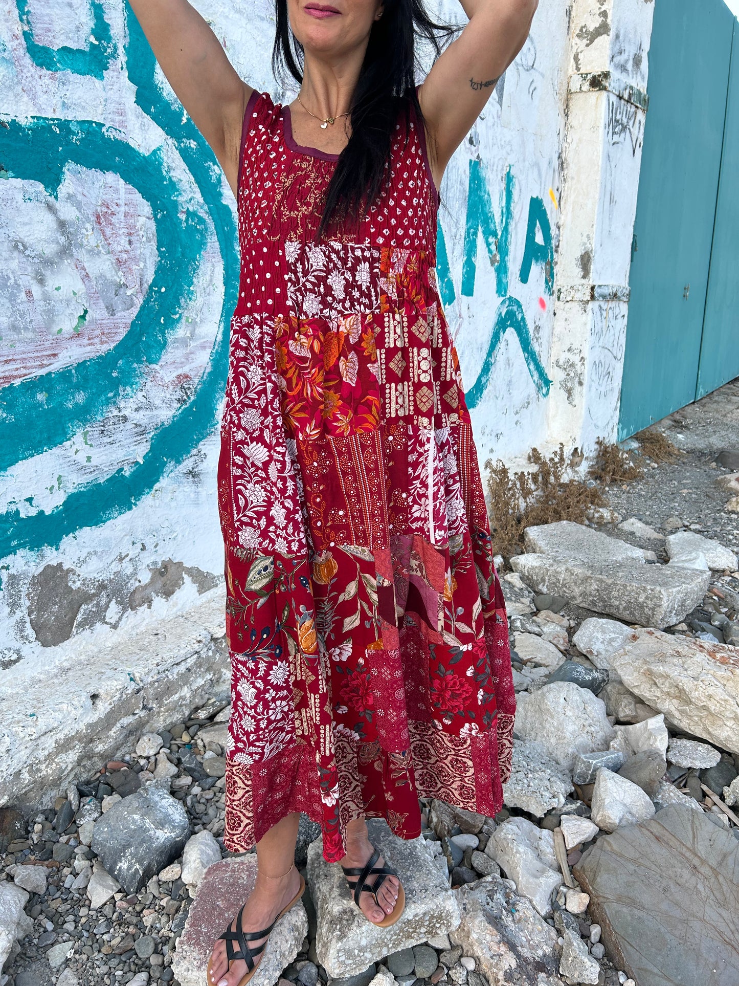 Red Sustainable Patchwork  Dress