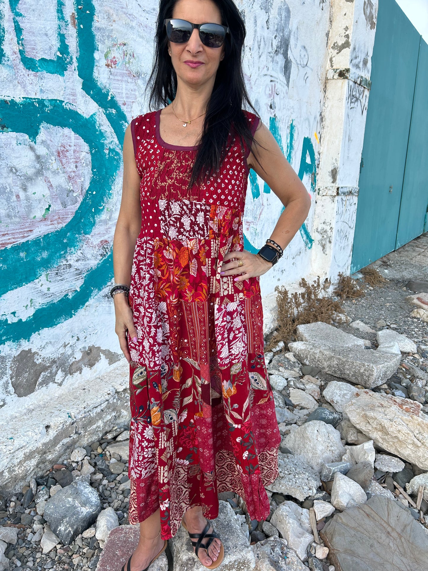 Red Sustainable Patchwork  Dress