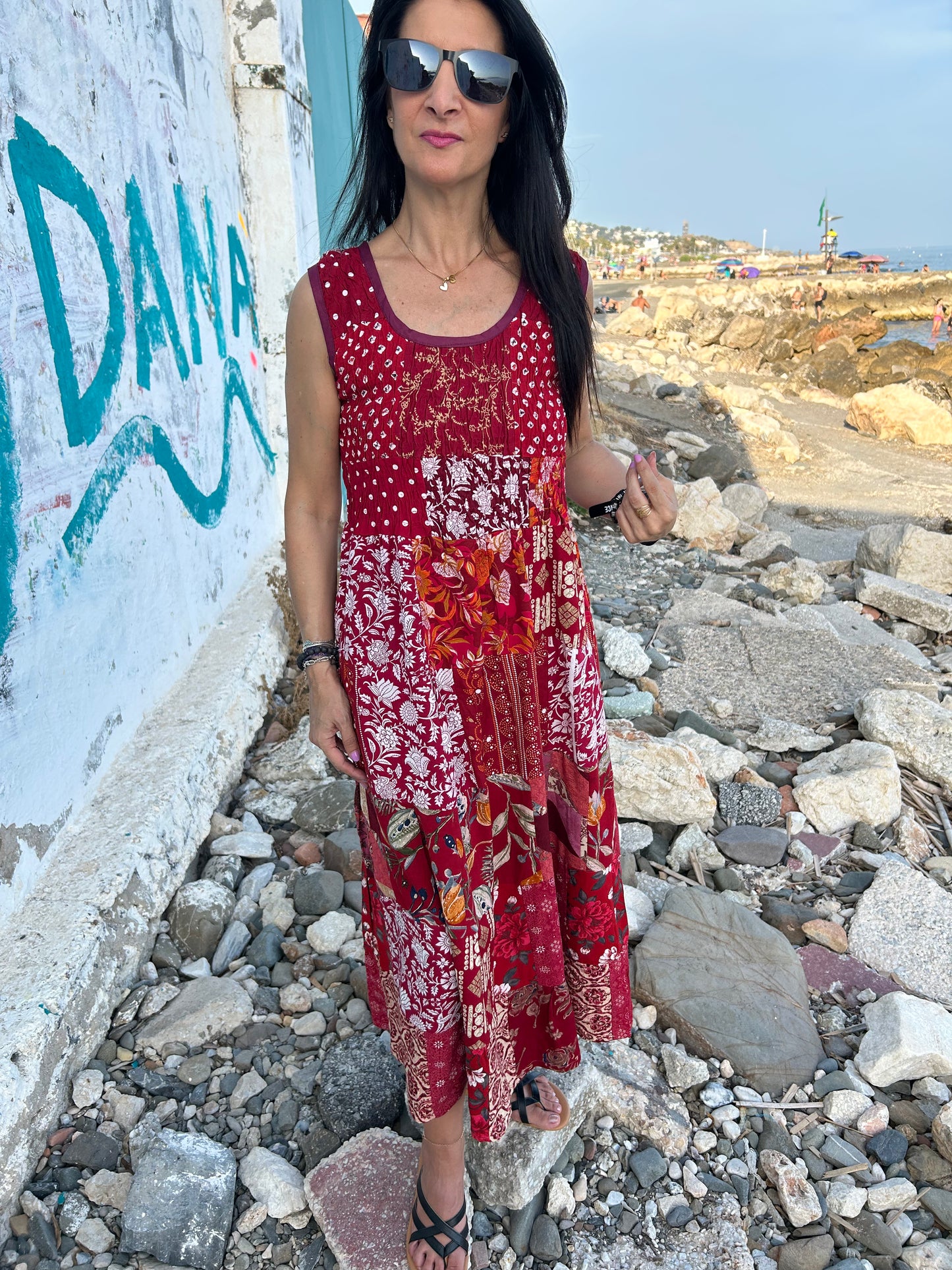 Red Sustainable Patchwork  Dress