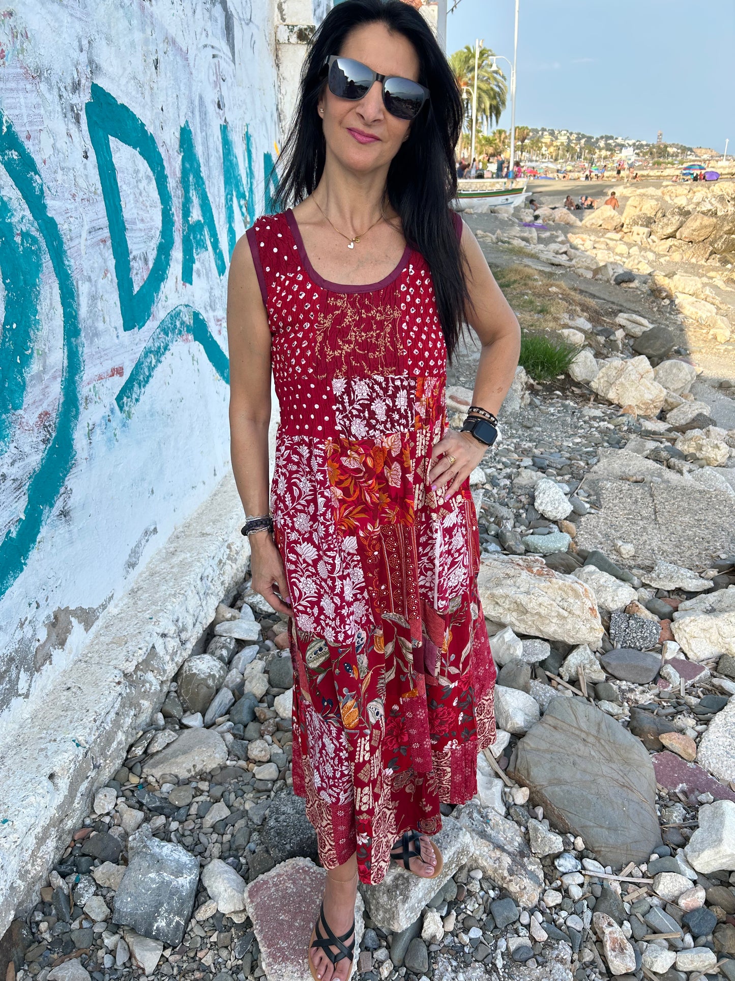 Red Sustainable Patchwork  Dress