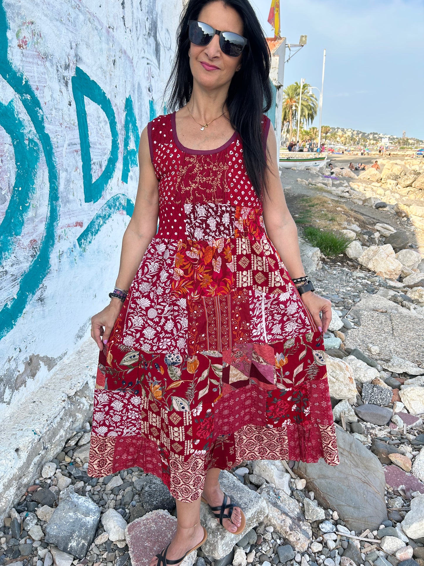 Red Sustainable Patchwork  Dress