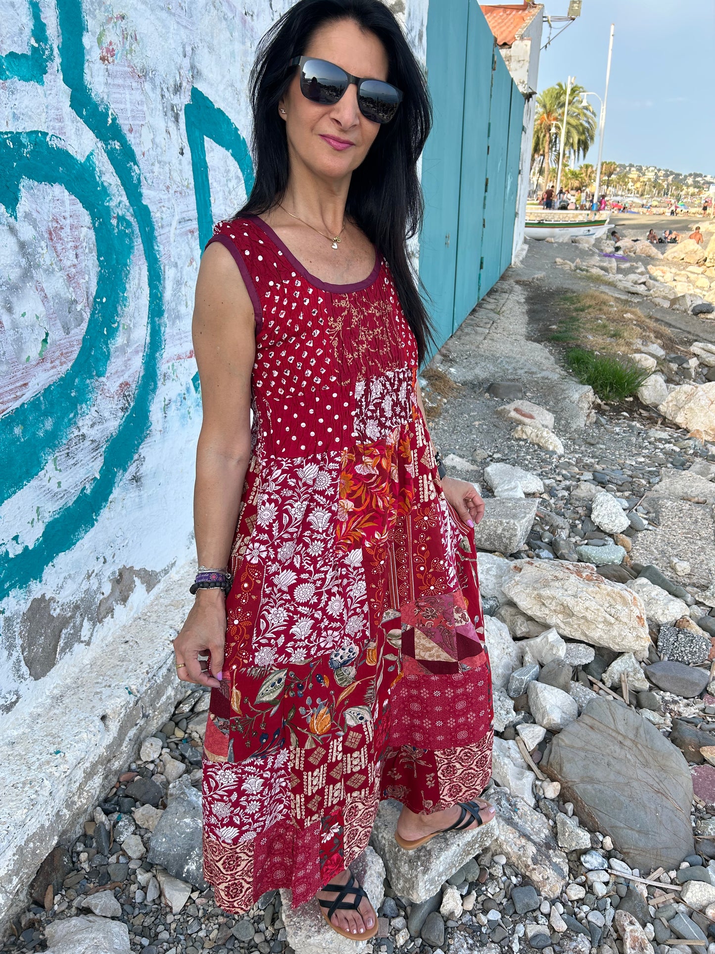 Red Sustainable Patchwork  Dress