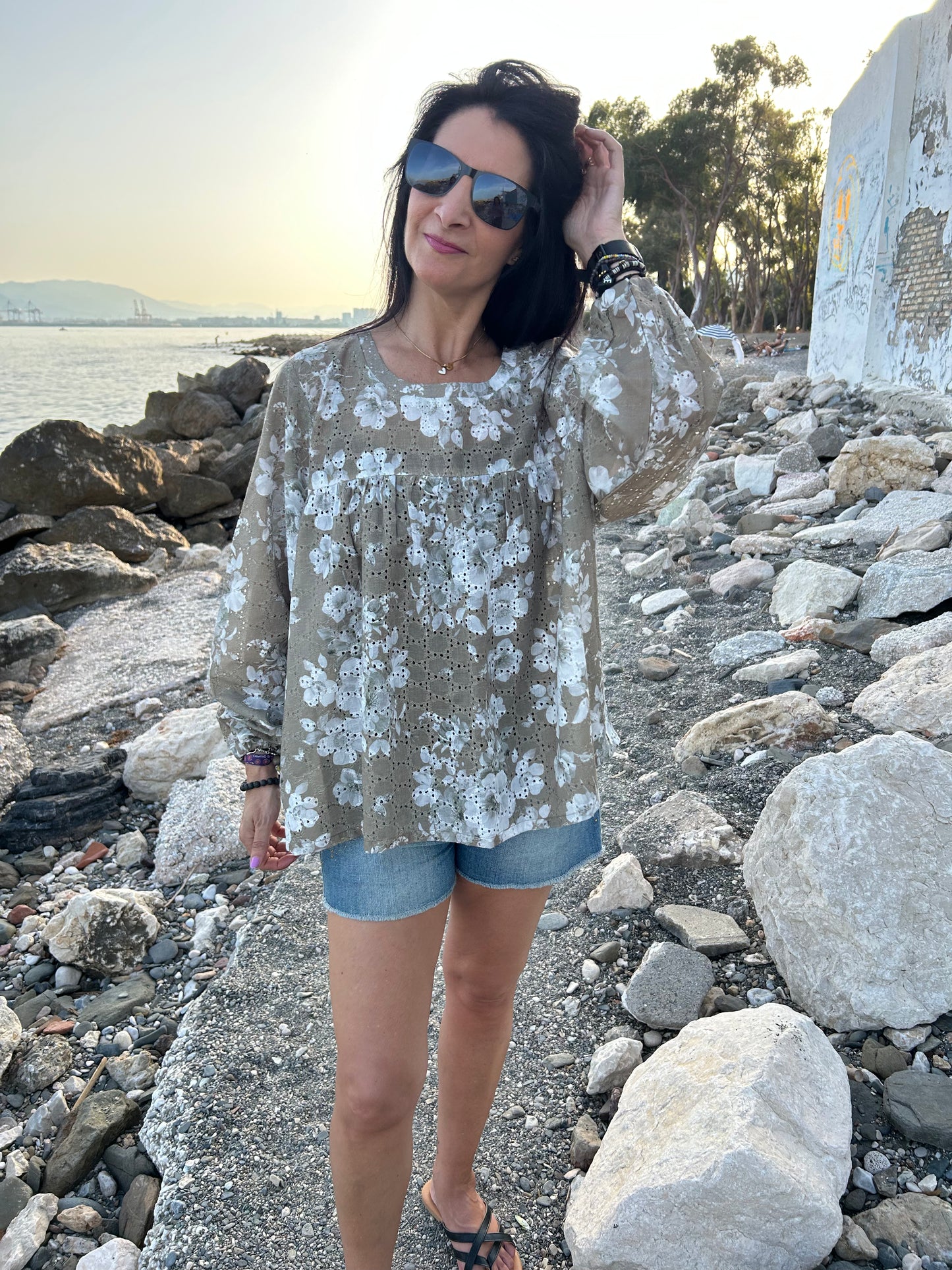 Green floral boho tunic