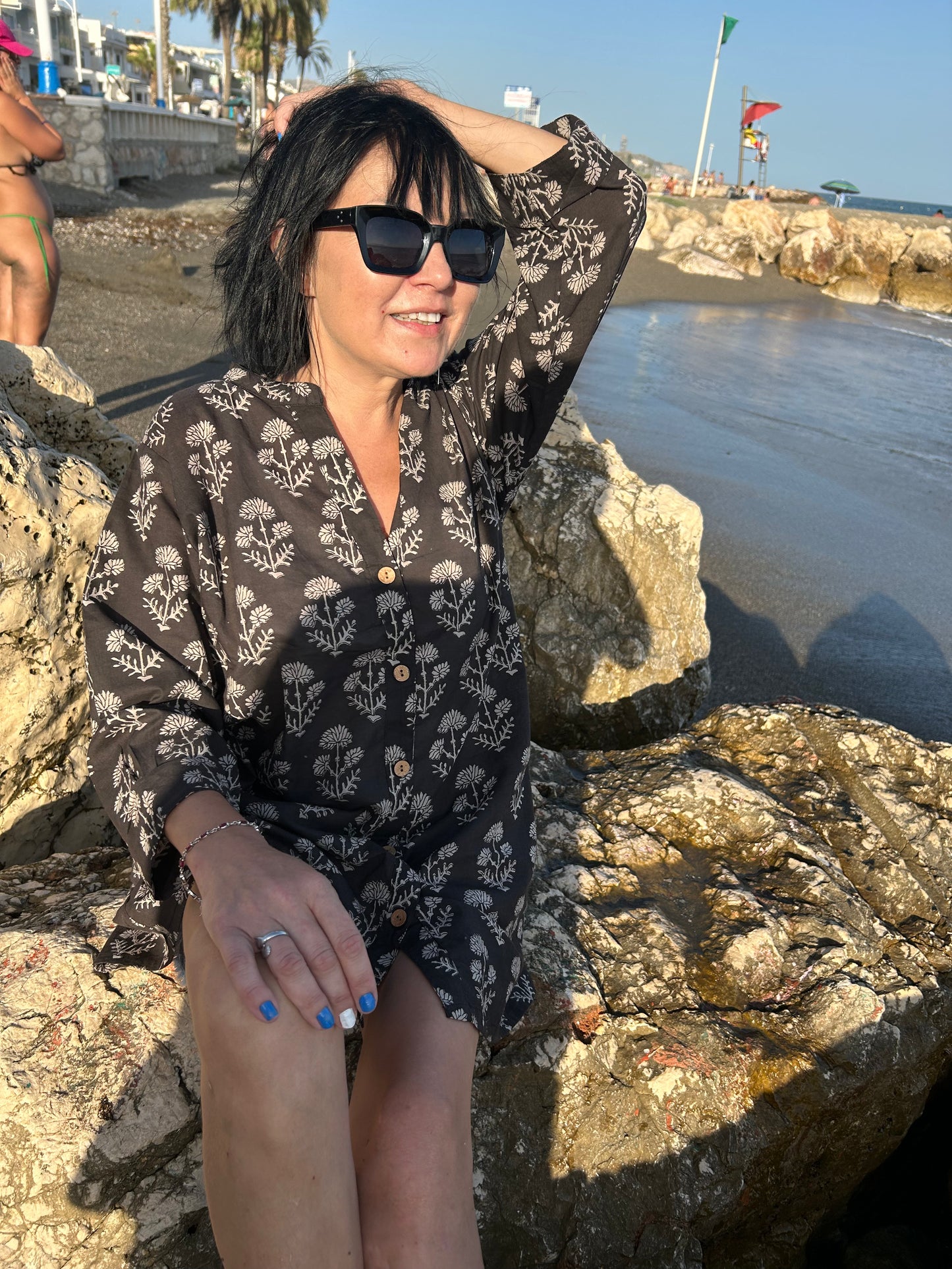 Black floral button down cotton tunic