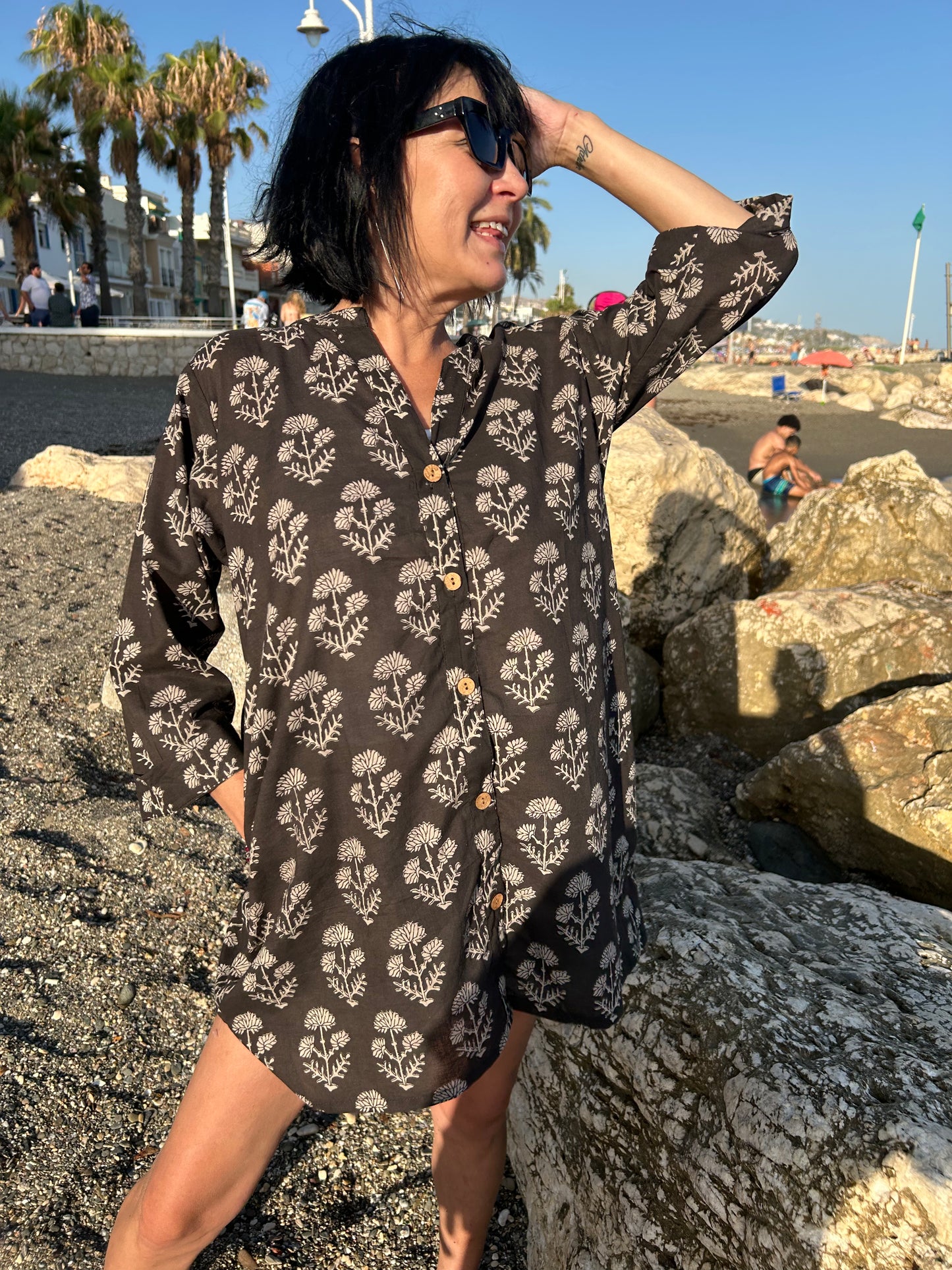Black floral button down cotton tunic