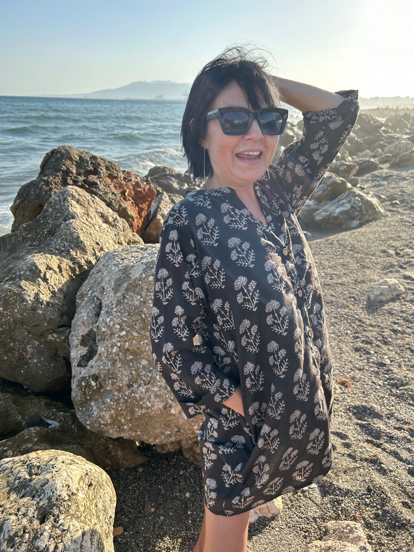 Black floral button down cotton tunic