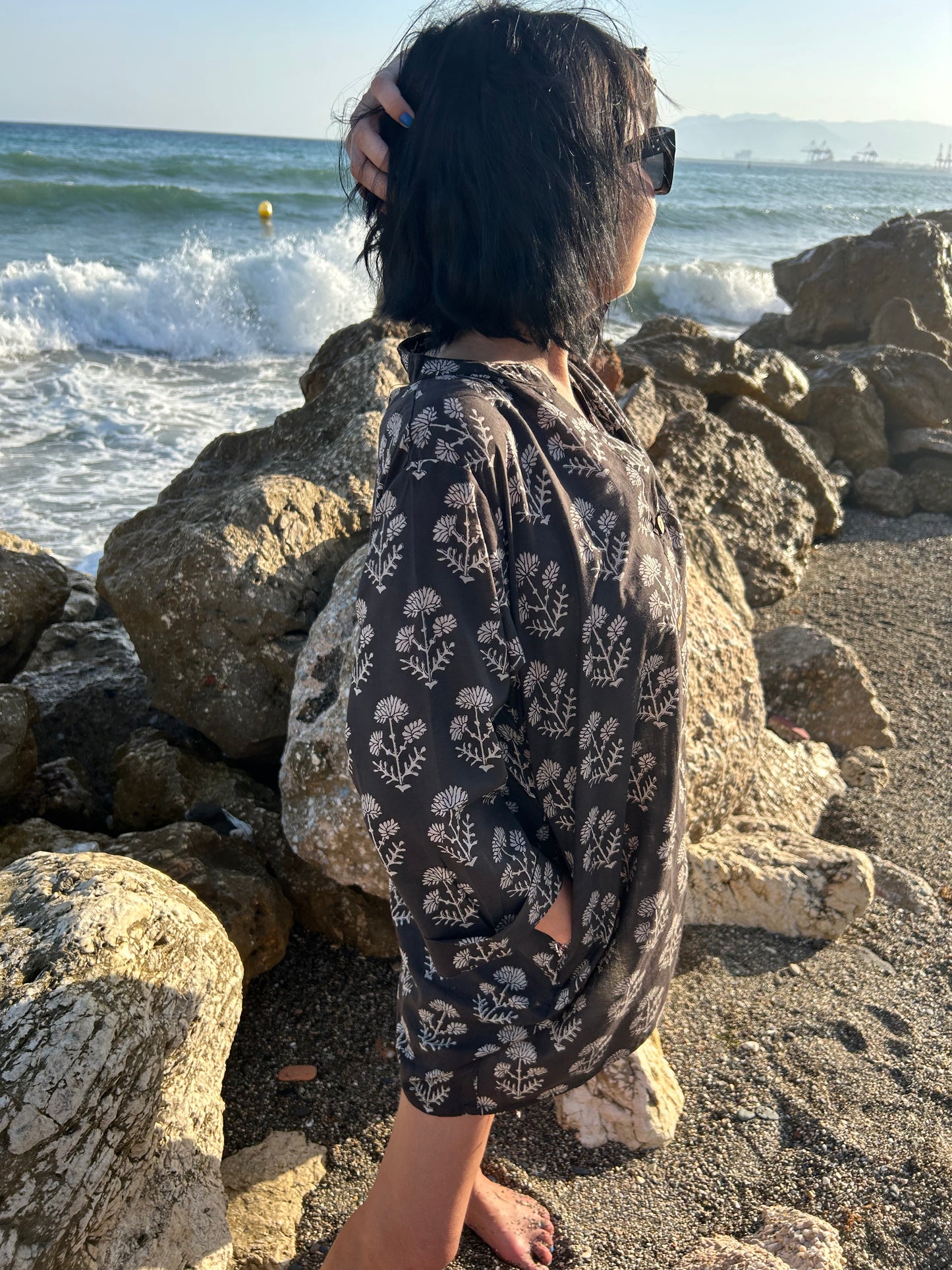 Black floral button down cotton tunic