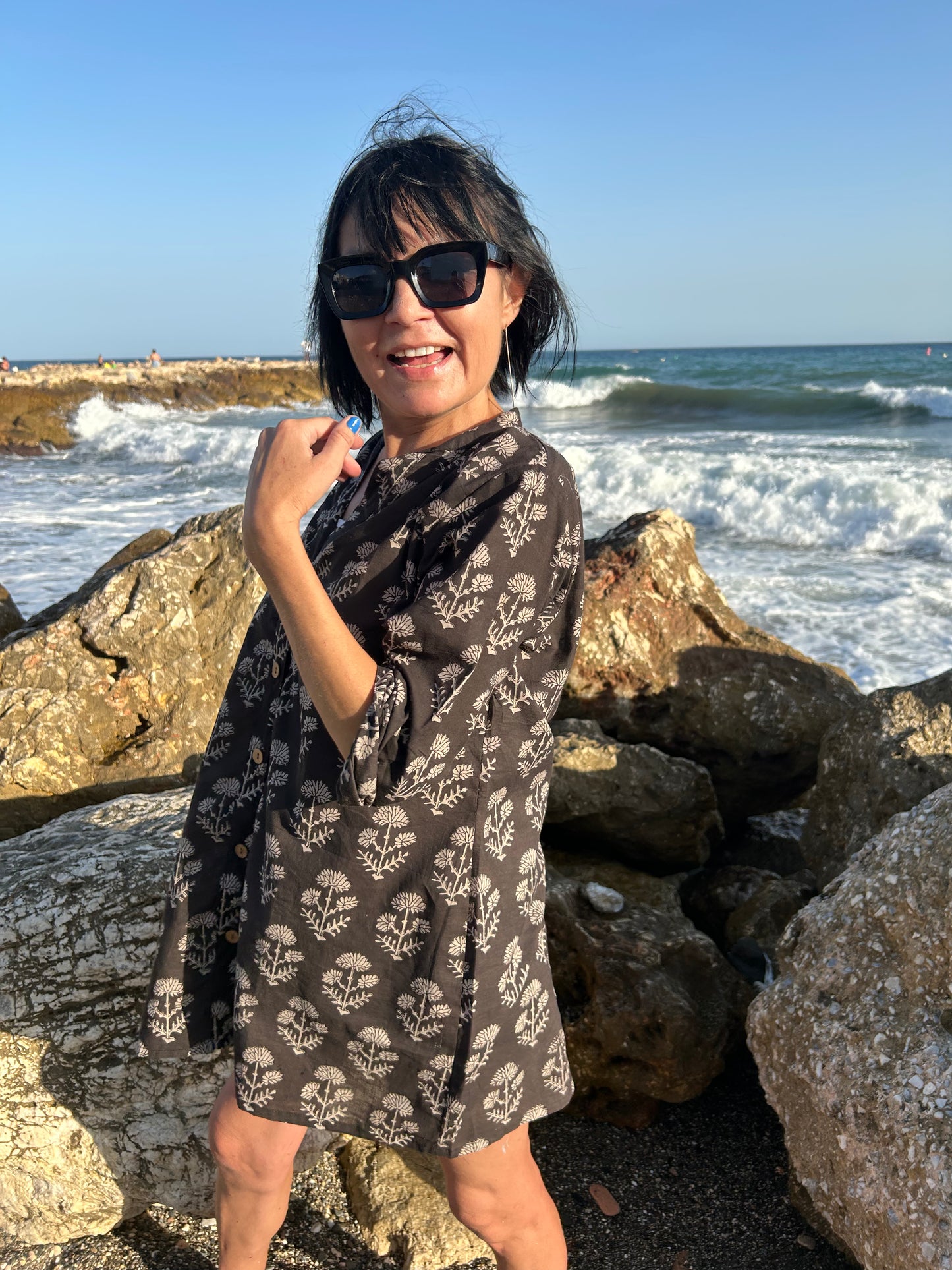 Black floral button down cotton tunic