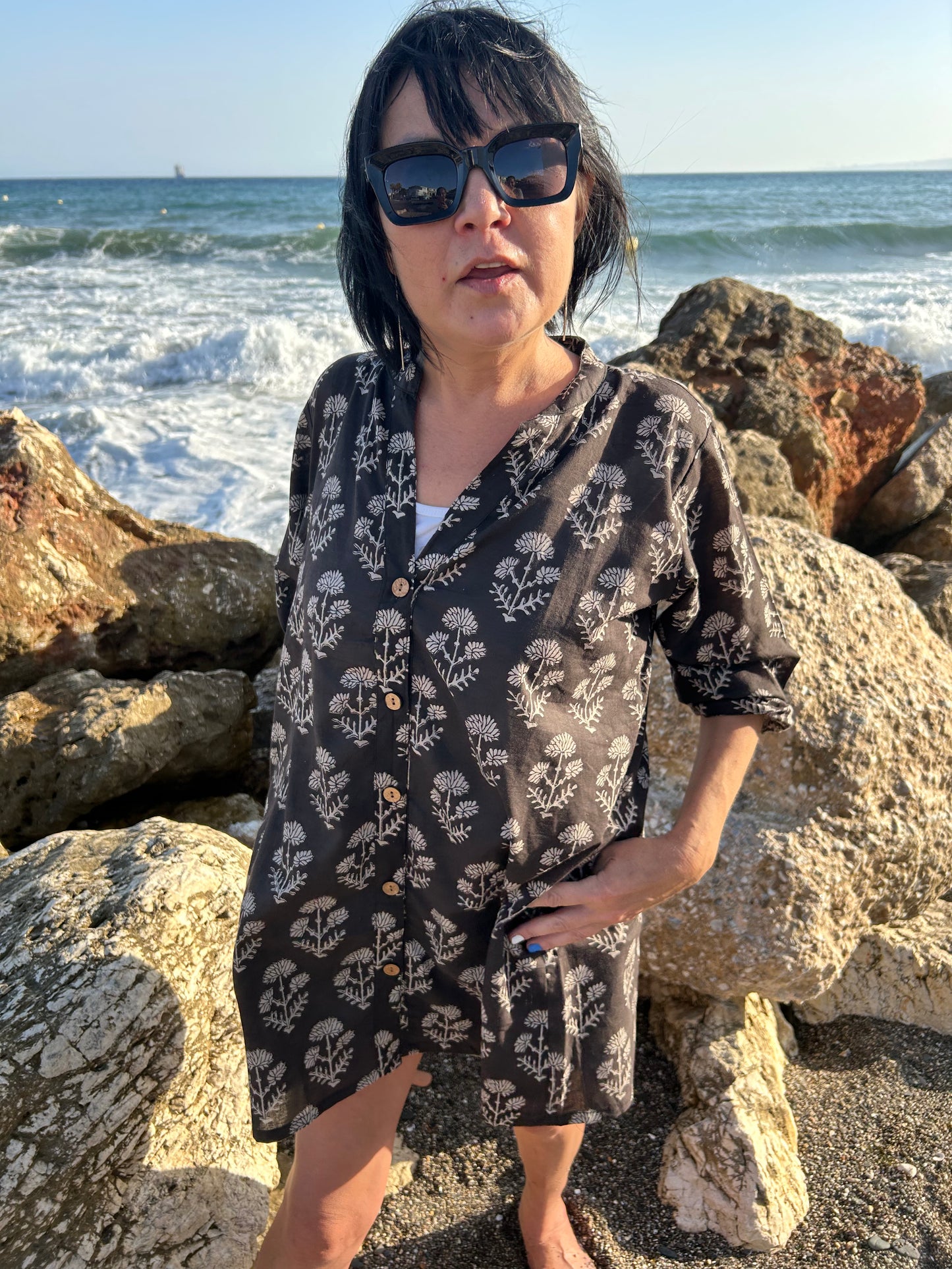 Black floral button down cotton tunic