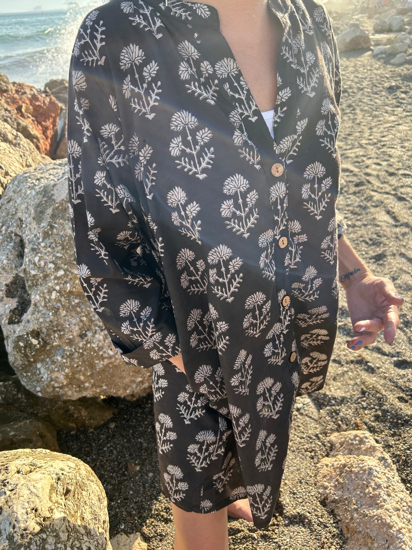 Black floral button down cotton tunic