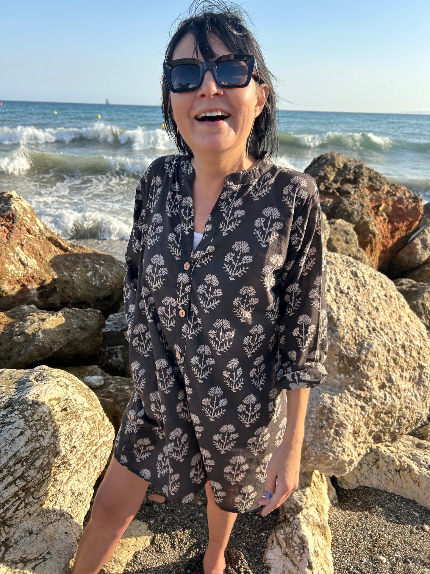 Black floral button down cotton tunic