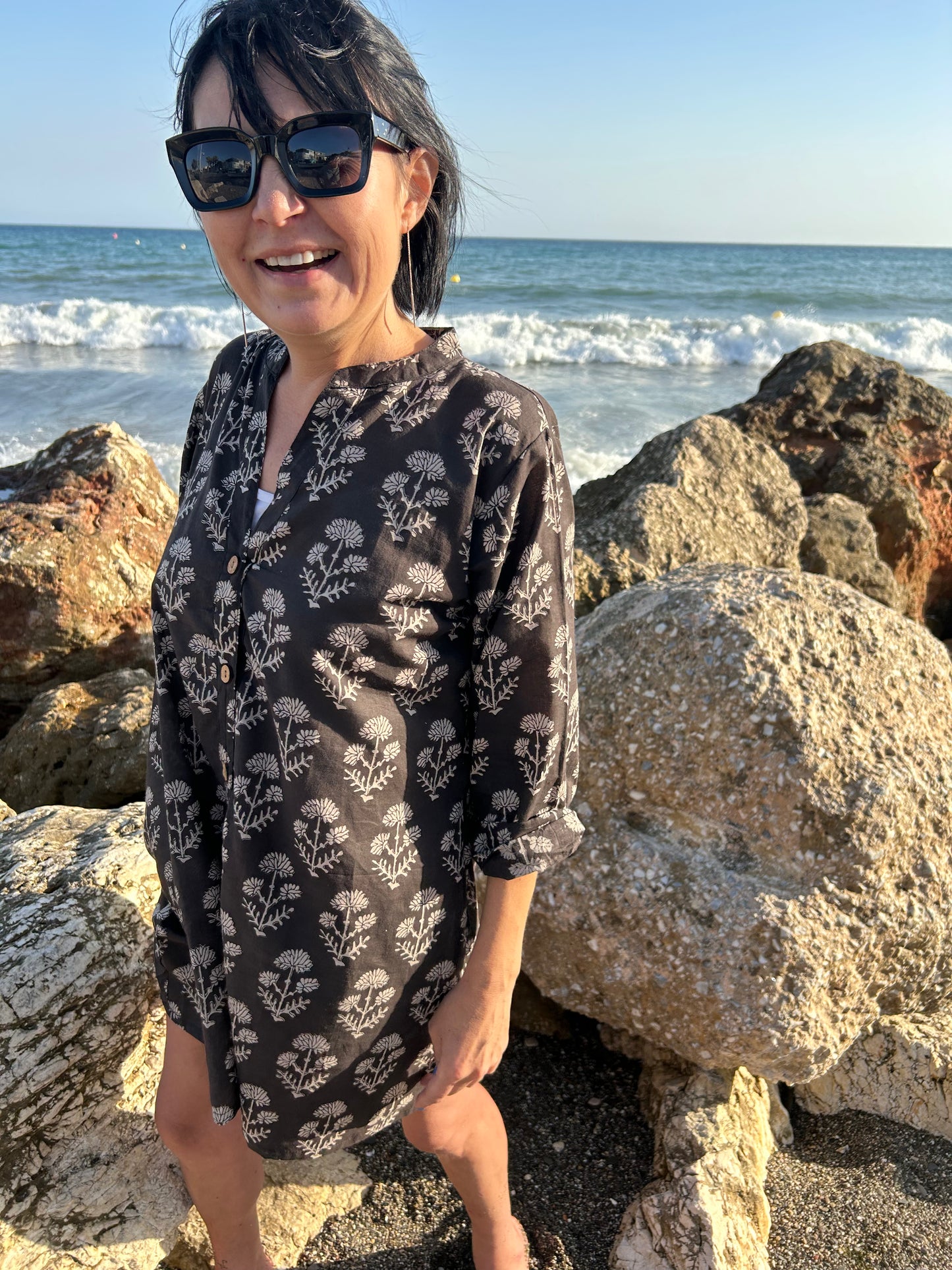 Black floral button down cotton tunic