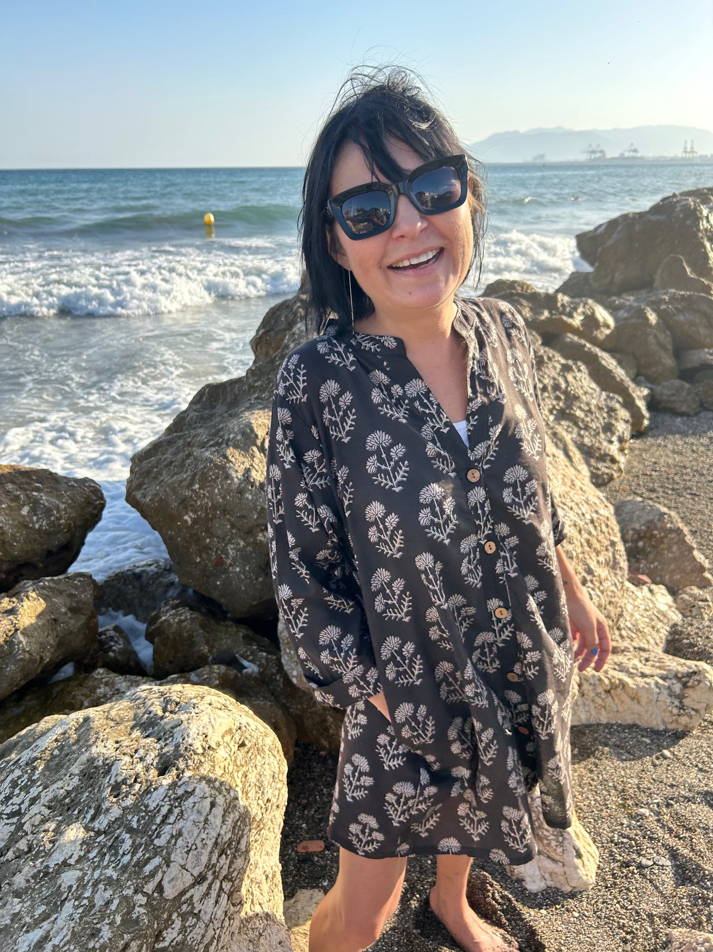 Black floral button down cotton tunic