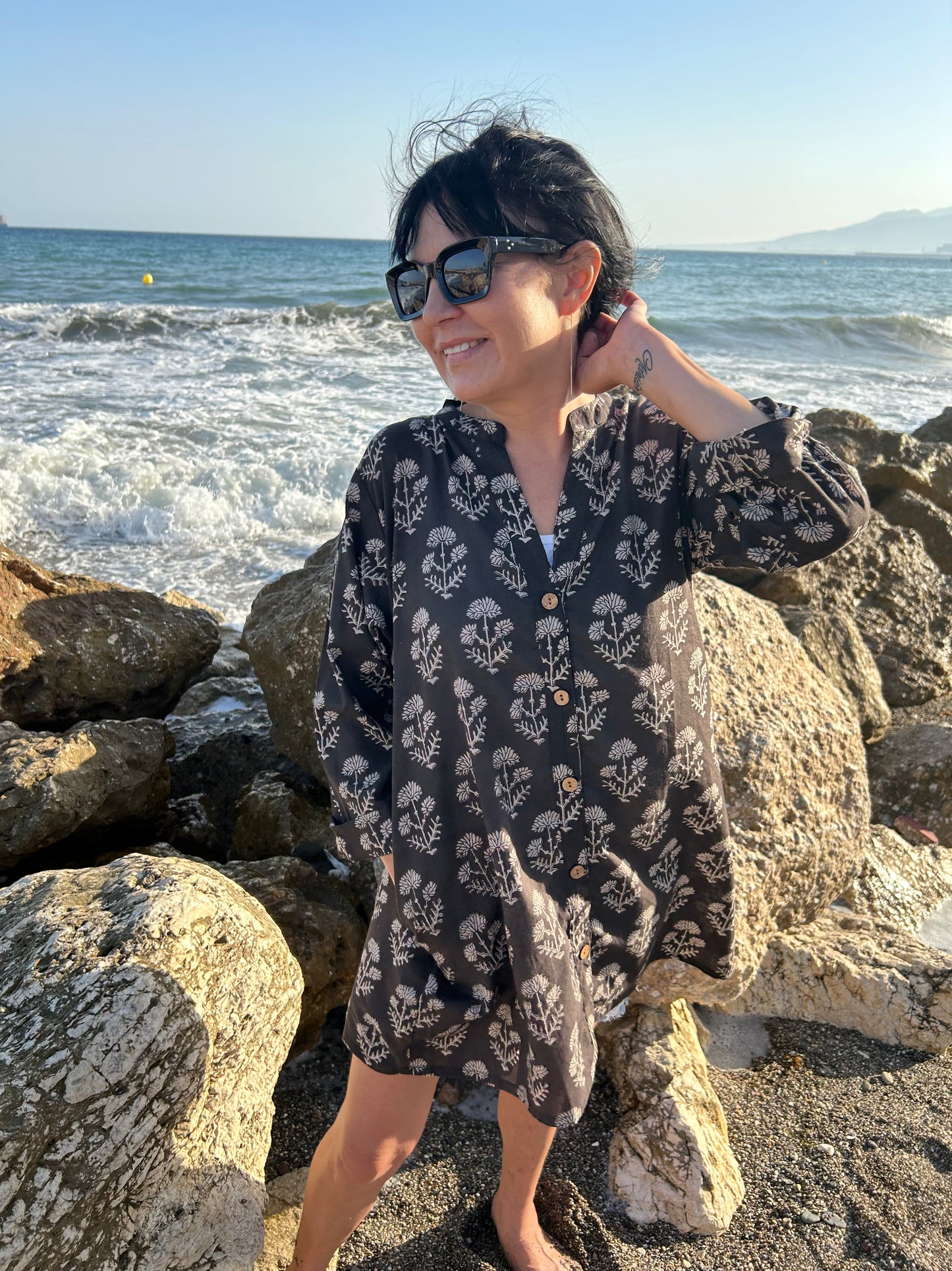 Black floral button down cotton tunic