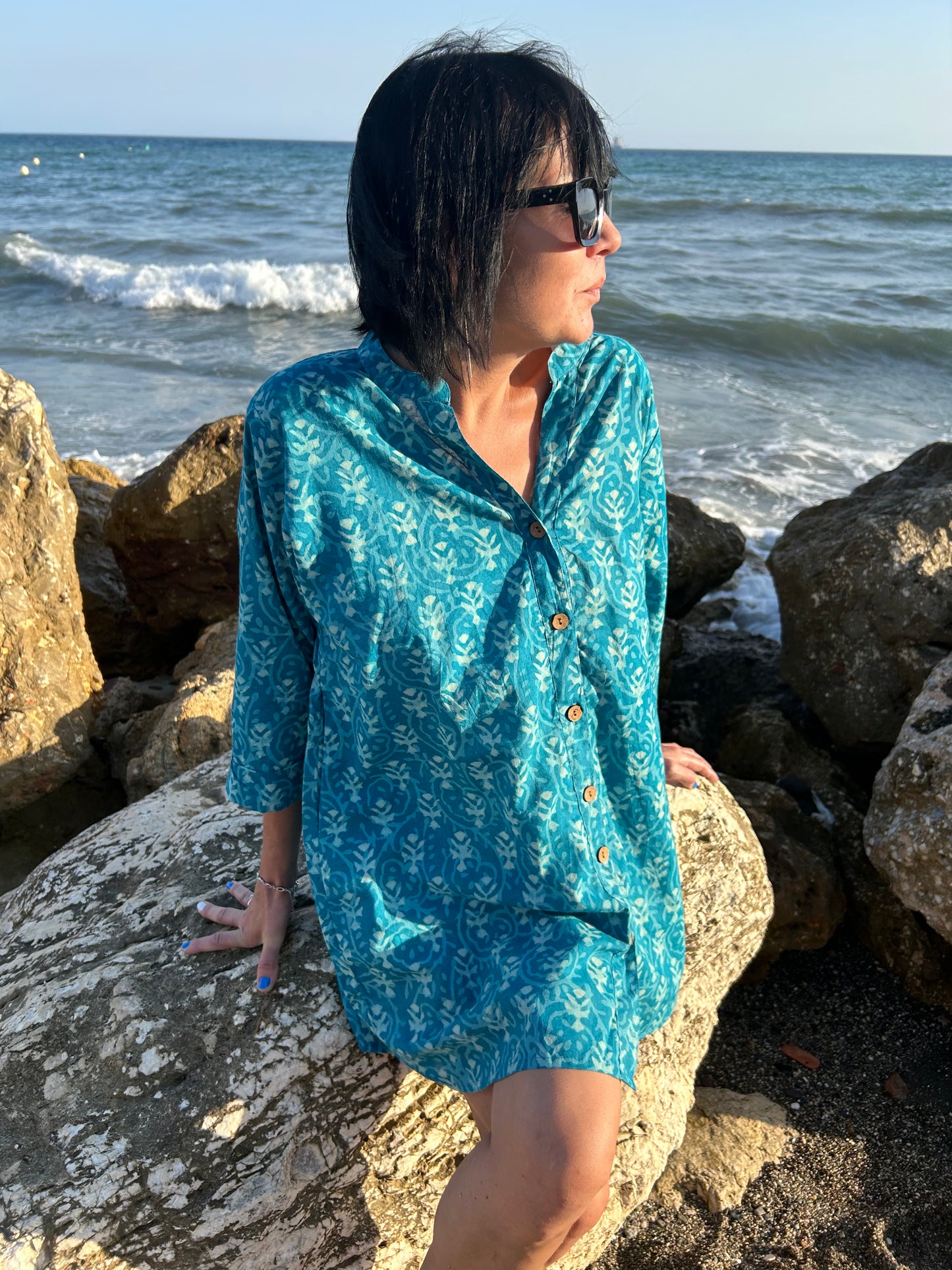 turquoise floral button down shirt