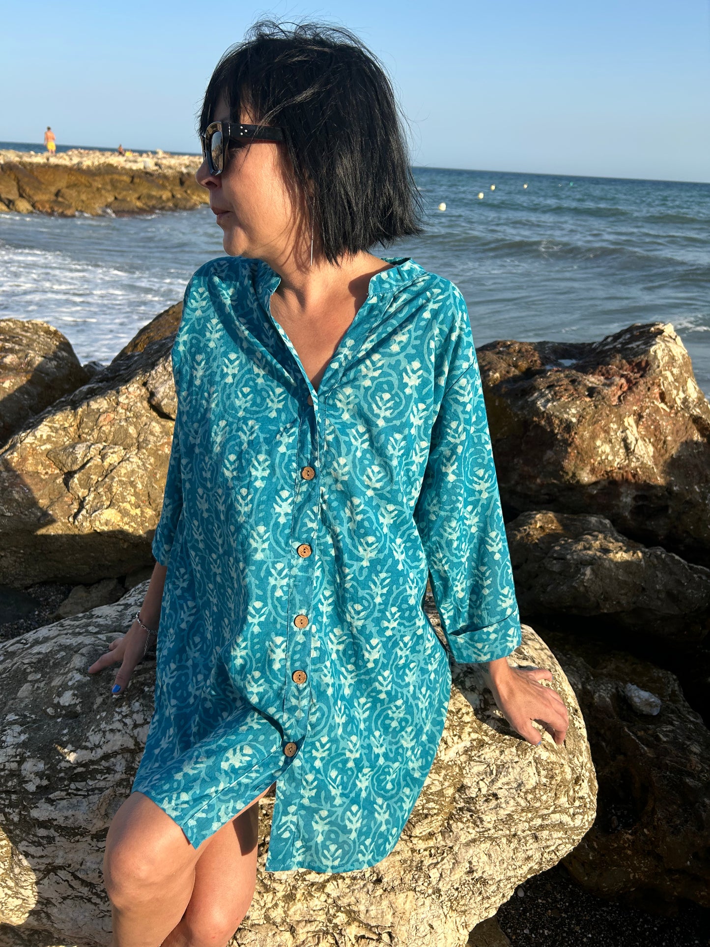 turquoise floral button down shirt