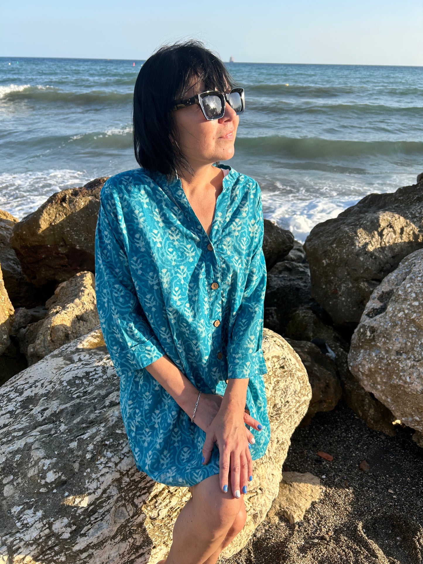 turquoise floral button down shirt