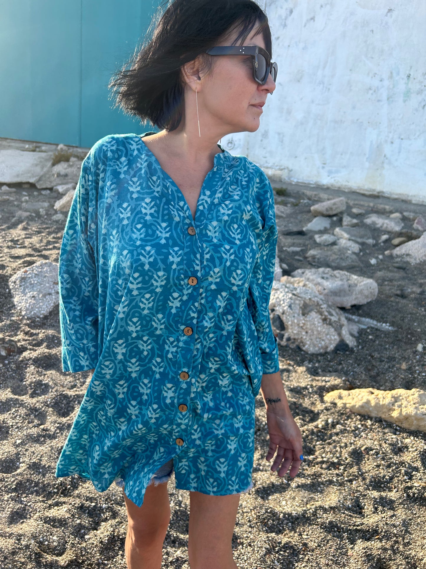 turquoise floral button down shirt