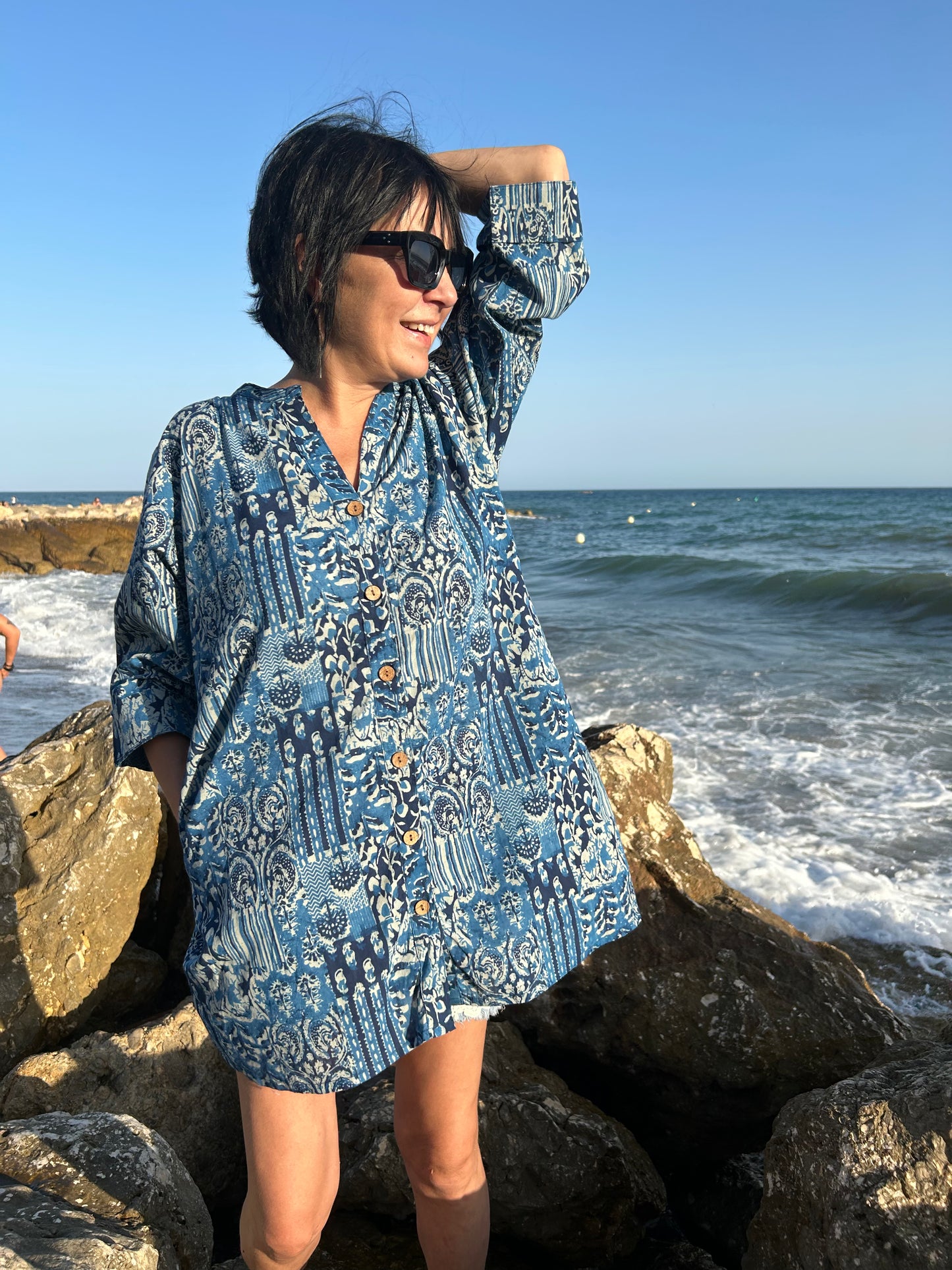 Blue Mixed tiles button down cotton shirt