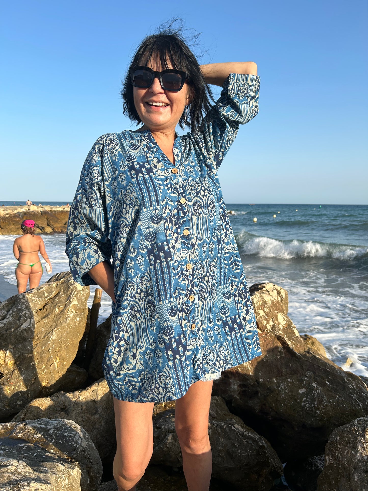 Blue Mixed tiles button down cotton shirt