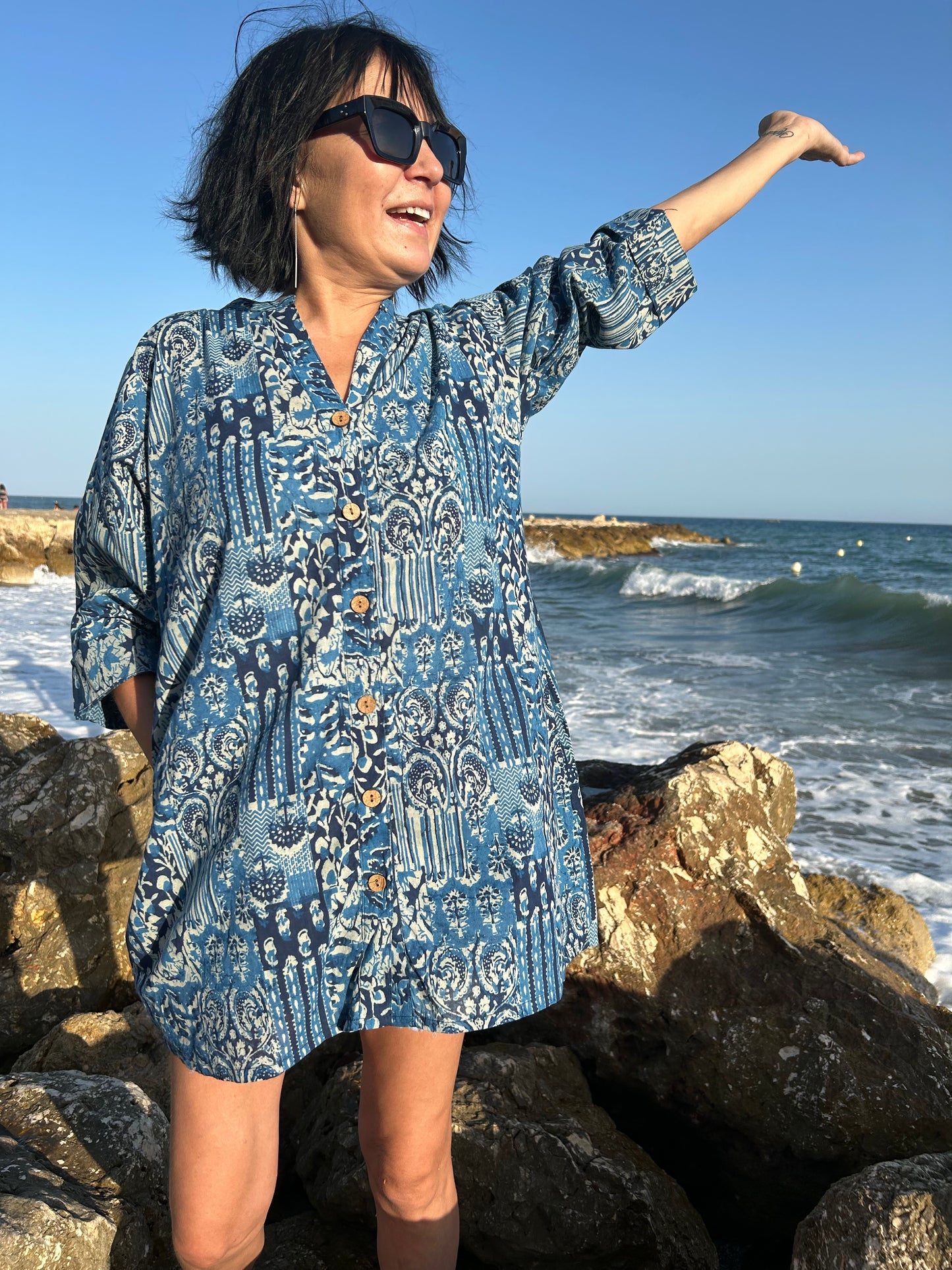 Blue Mixed tiles button down cotton shirt