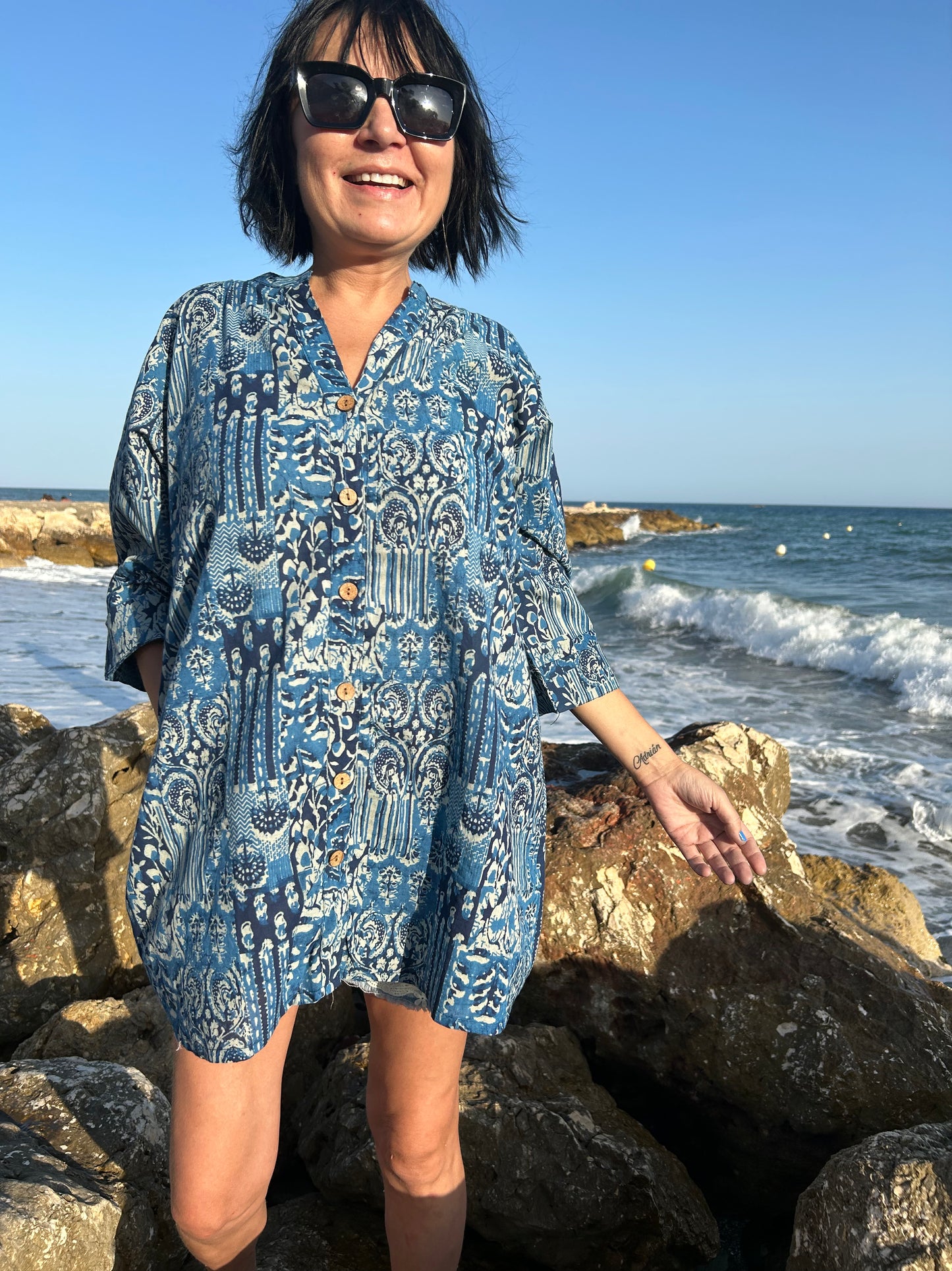 Blue Mixed tiles button down cotton shirt